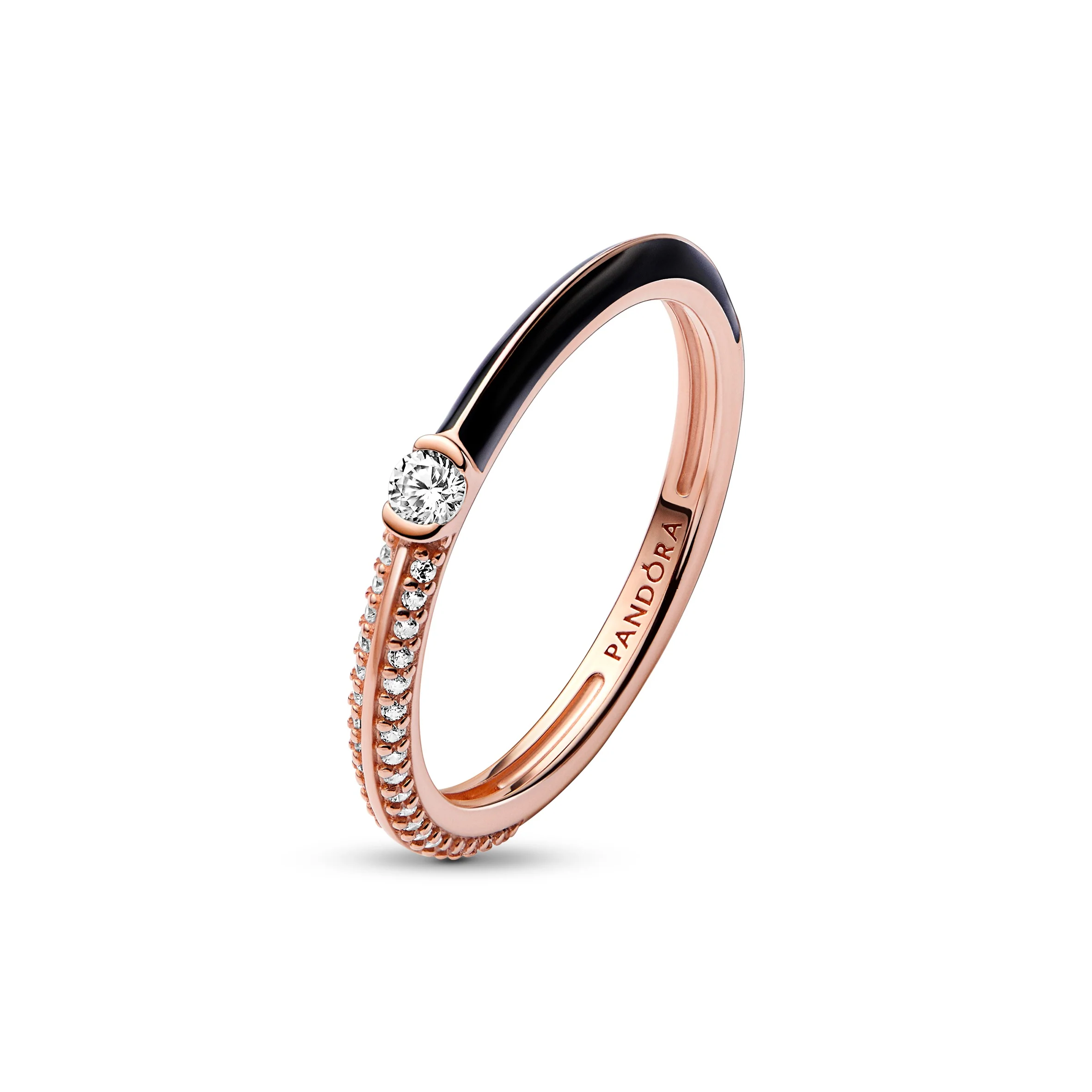 14K Rose Gold-Plated Ring With Clear Cubic Zirconia And Black Enamel - Image 3