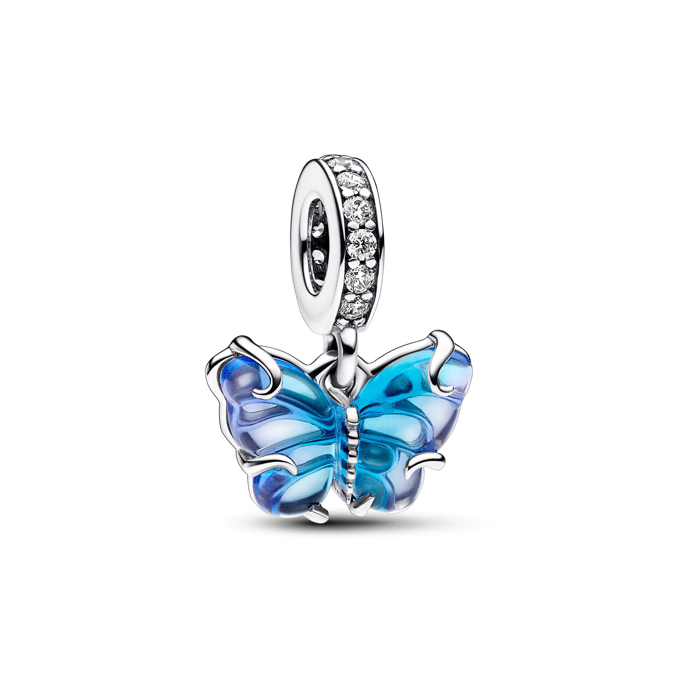 Butterfly Sterling Silver Dangle With Bi-Colour Blue Murano Glass And Clear Cubic Zirconia