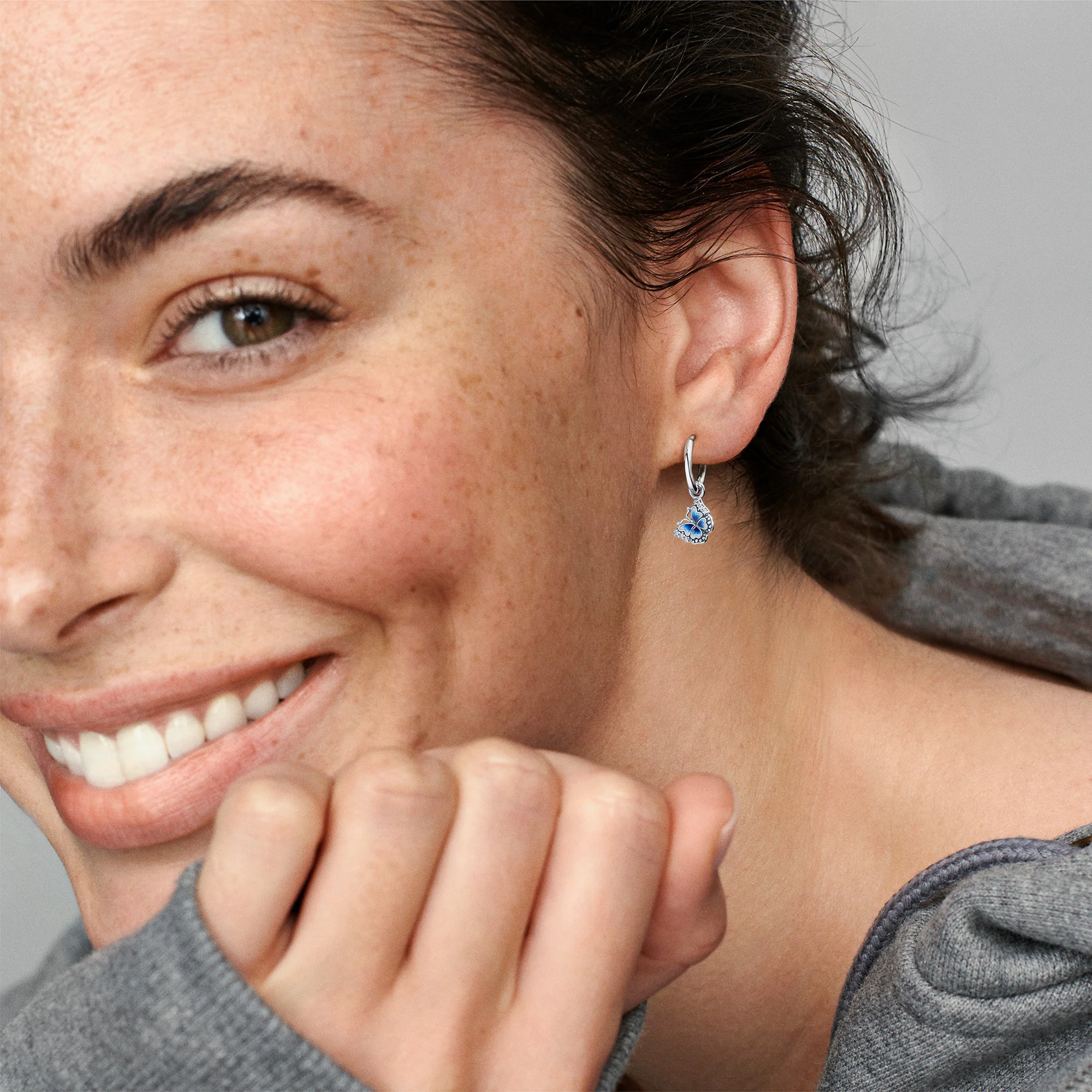 Butterfly Sterling Silver Hoop Earrings With Clear Cubic Zirconia, Shaded Blue And White Enamel - Image 2