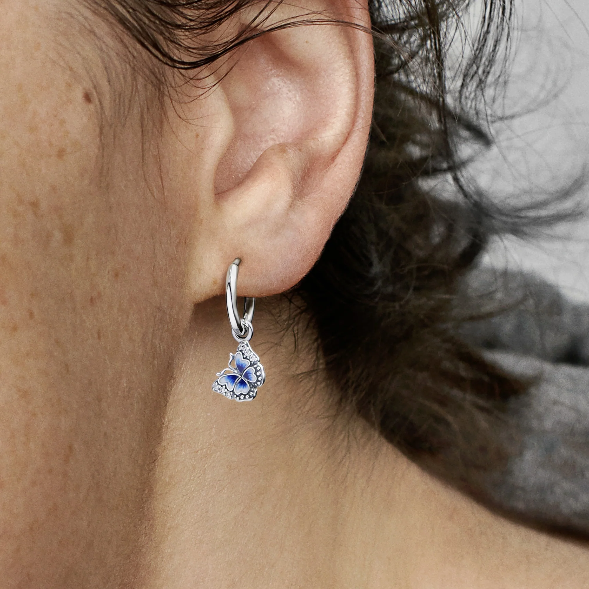 Butterfly Sterling Silver Hoop Earrings With Clear Cubic Zirconia, Shaded Blue And White Enamel - Image 3