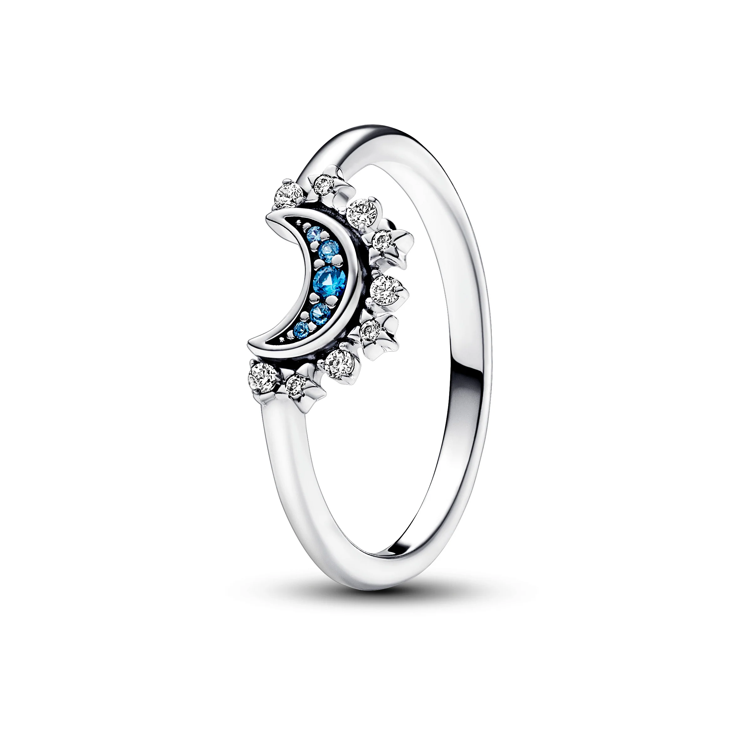 Celestial Moon Sterling Silver Ring With Night Blue Crystal And Clear Cubic Zirconia
