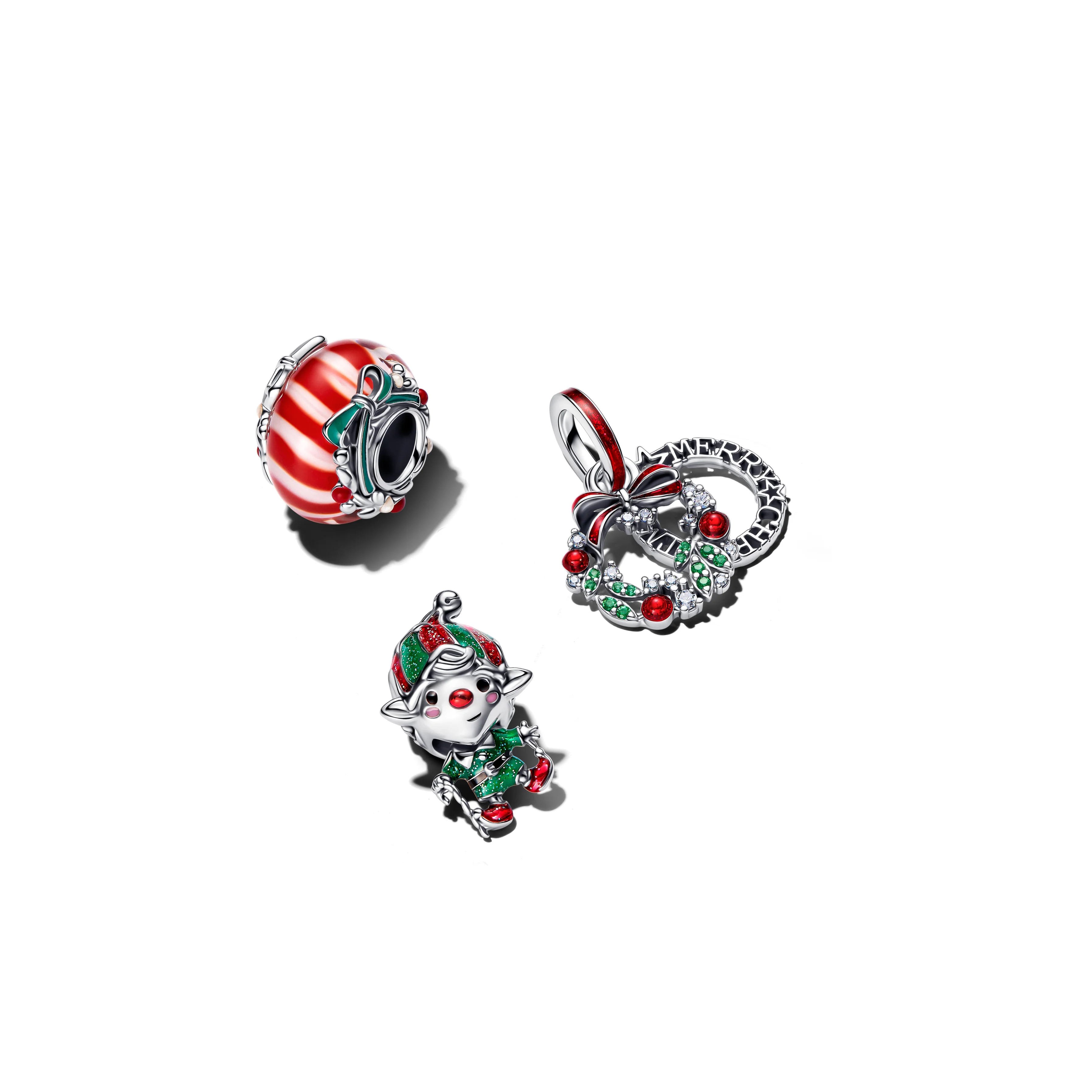 Christmas Wreath Sterling Silver Double Dangle With Clear Cubic Zirconia, Royal Green Crystal And Red Glitter Enamel - Image 5