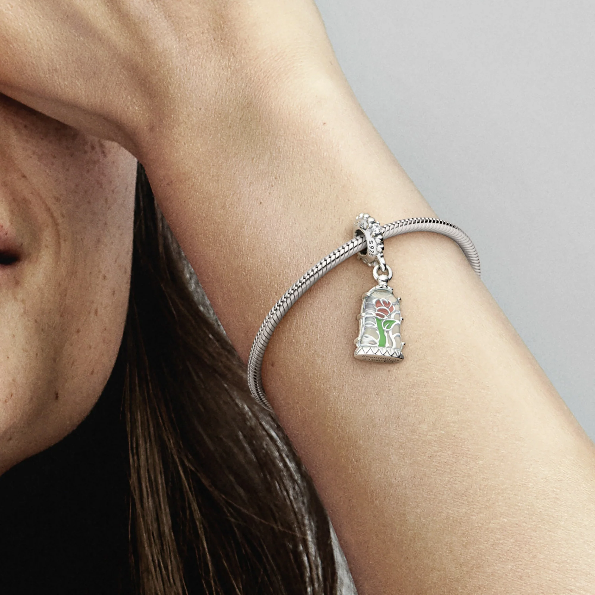 Disney Beauty And The Beast Rose Sterling Silver Dangle With Clear Cubic Zirconia, Transparent Light Blue Murano Glass, Red And Green Enamel - Image 3