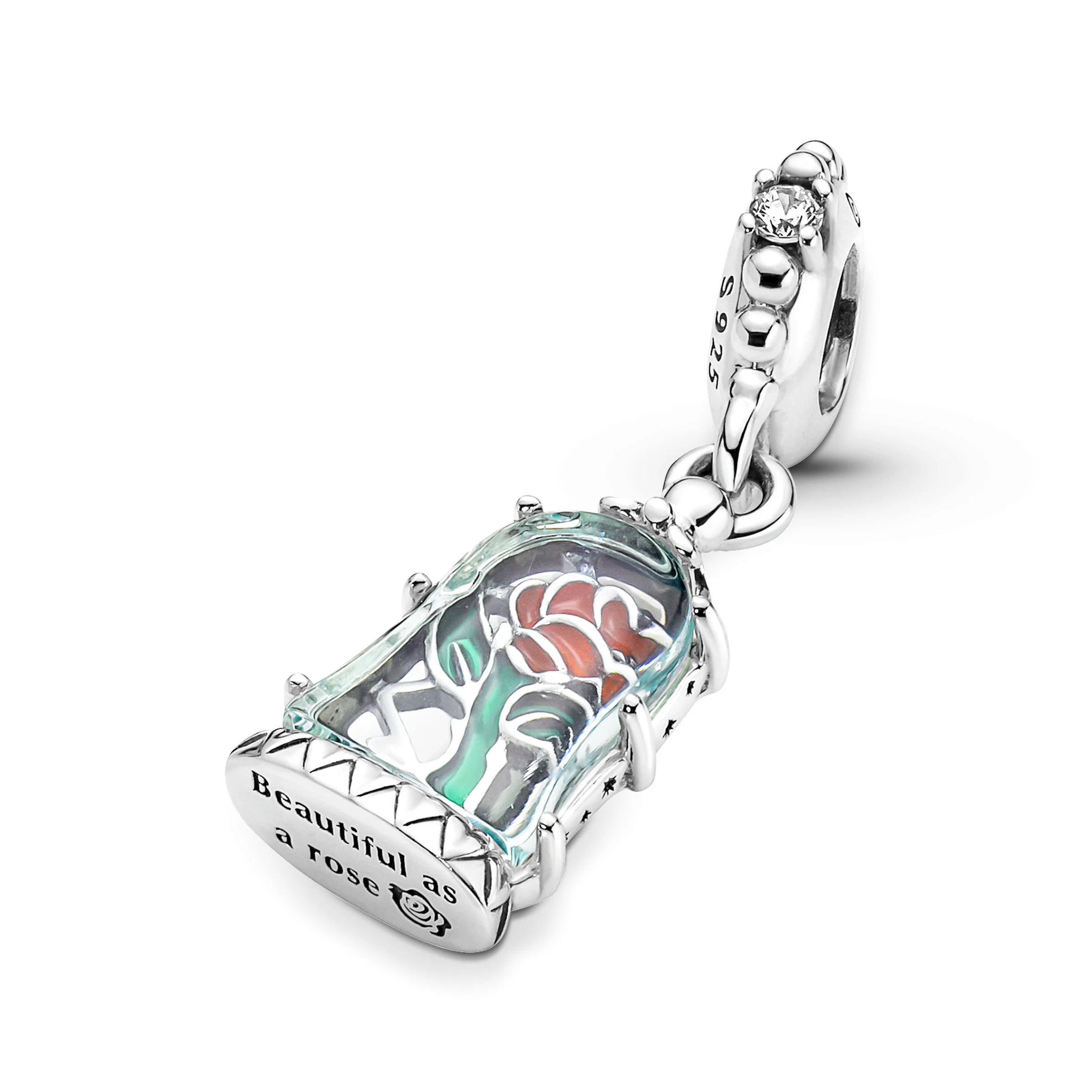 Disney Beauty And The Beast Rose Sterling Silver Dangle With Clear Cubic Zirconia, Transparent Light Blue Murano Glass, Red And Green Enamel - Image 7