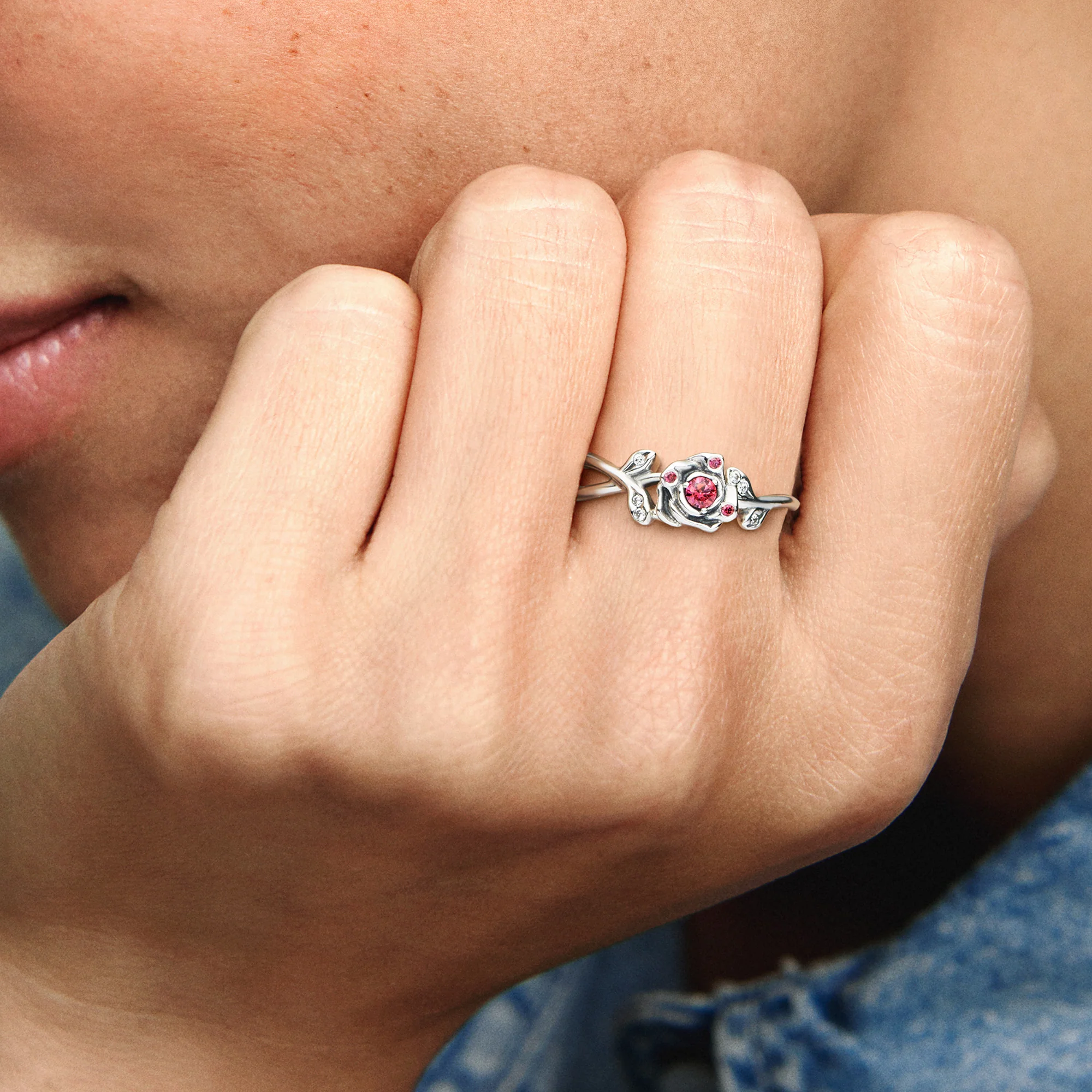 Disney Beauty And The Beast Rose Sterling Silver Ring With Red And Clear Cubic Zirconia - Image 2