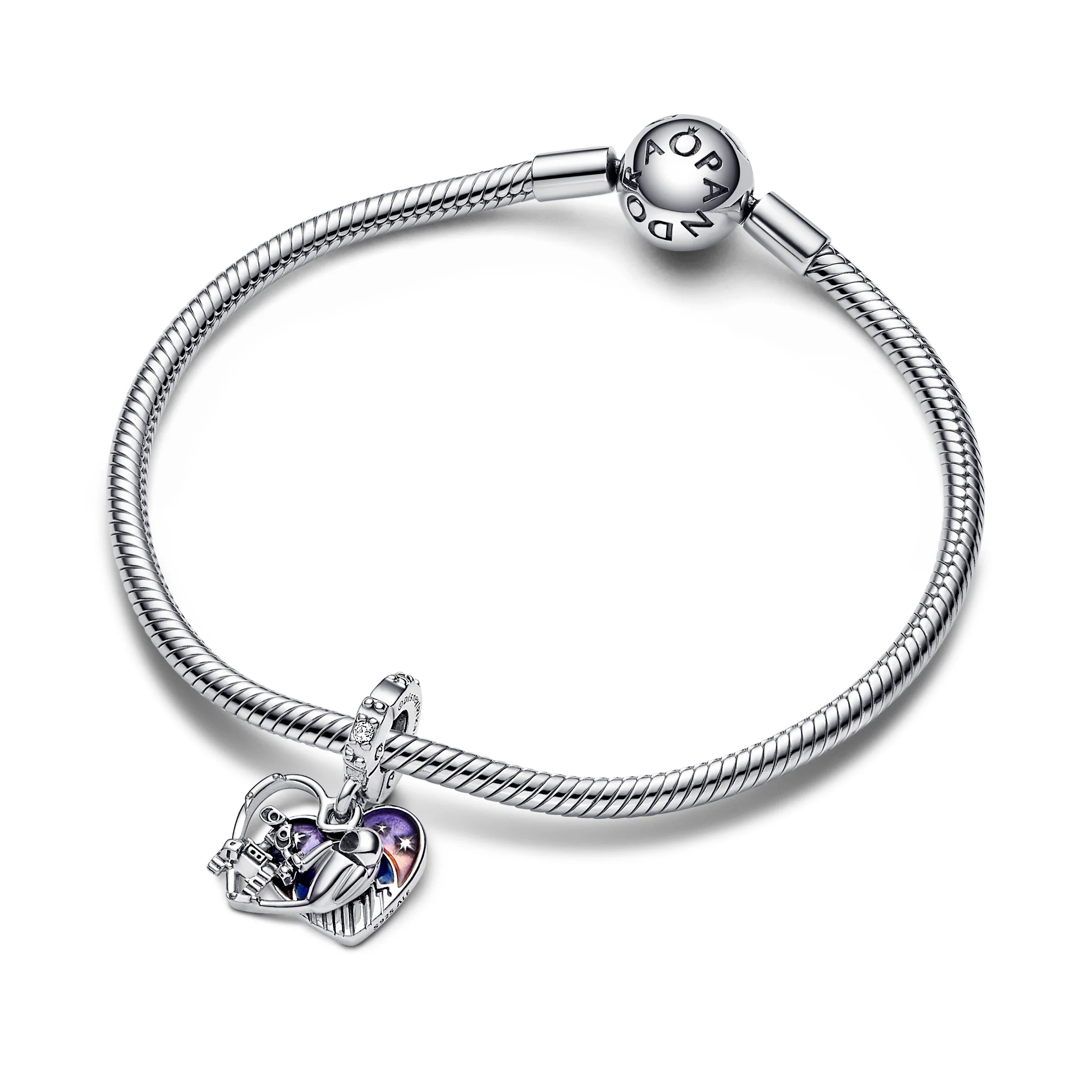 Disney Wall-E And Eve Heart Sterling Silver Double Dangle With Clear Cubic Zirconia, Shaded Purple To Pink And Blue Glow In The Dark Enamel - Image 3