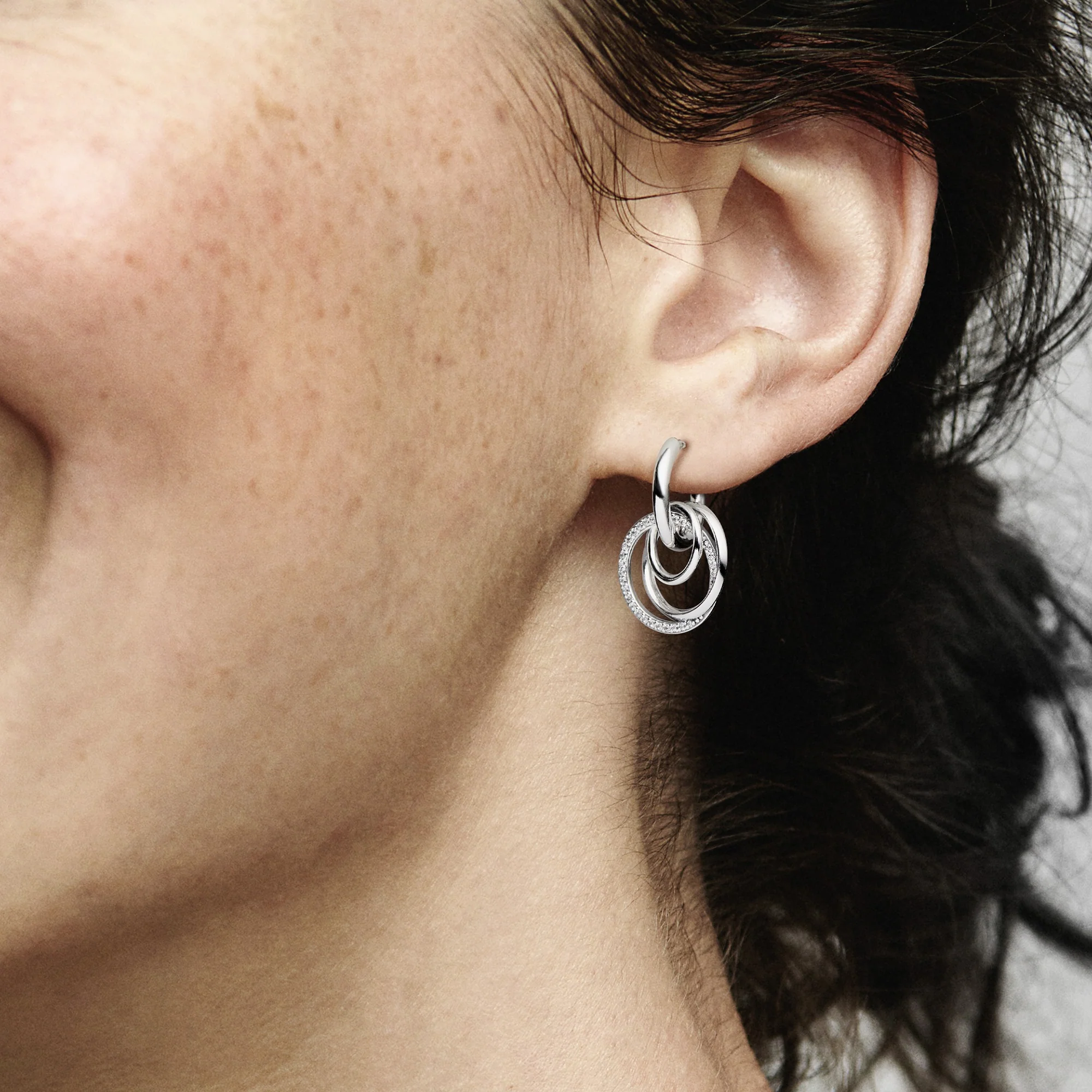 Encircled Sterling Silver Hoop Earrings With Clear Cubic Zirconia - Image 3