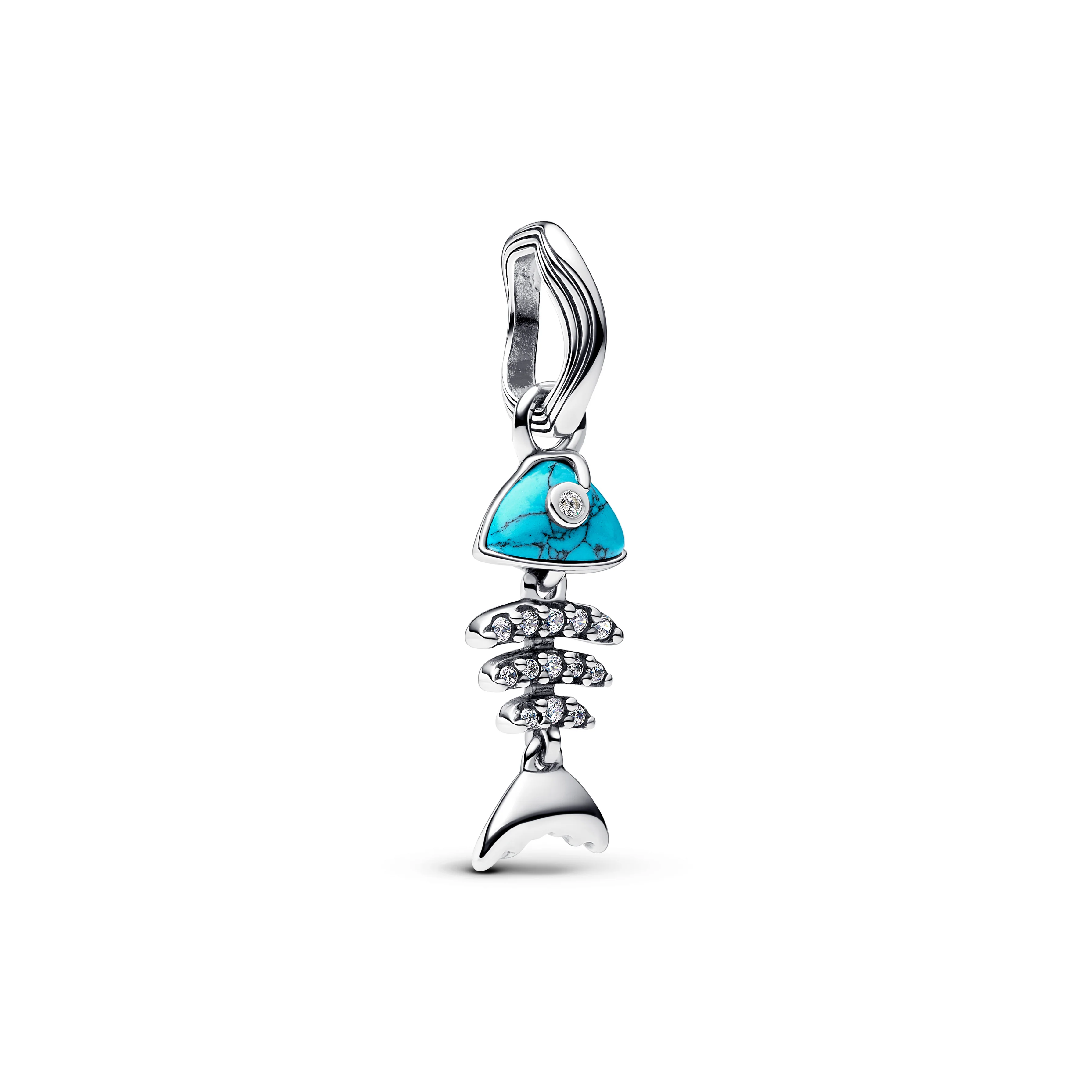 Fishbone Sterling Silver Dangle With Clear Cubic Zirconia And Imitation Turquoise