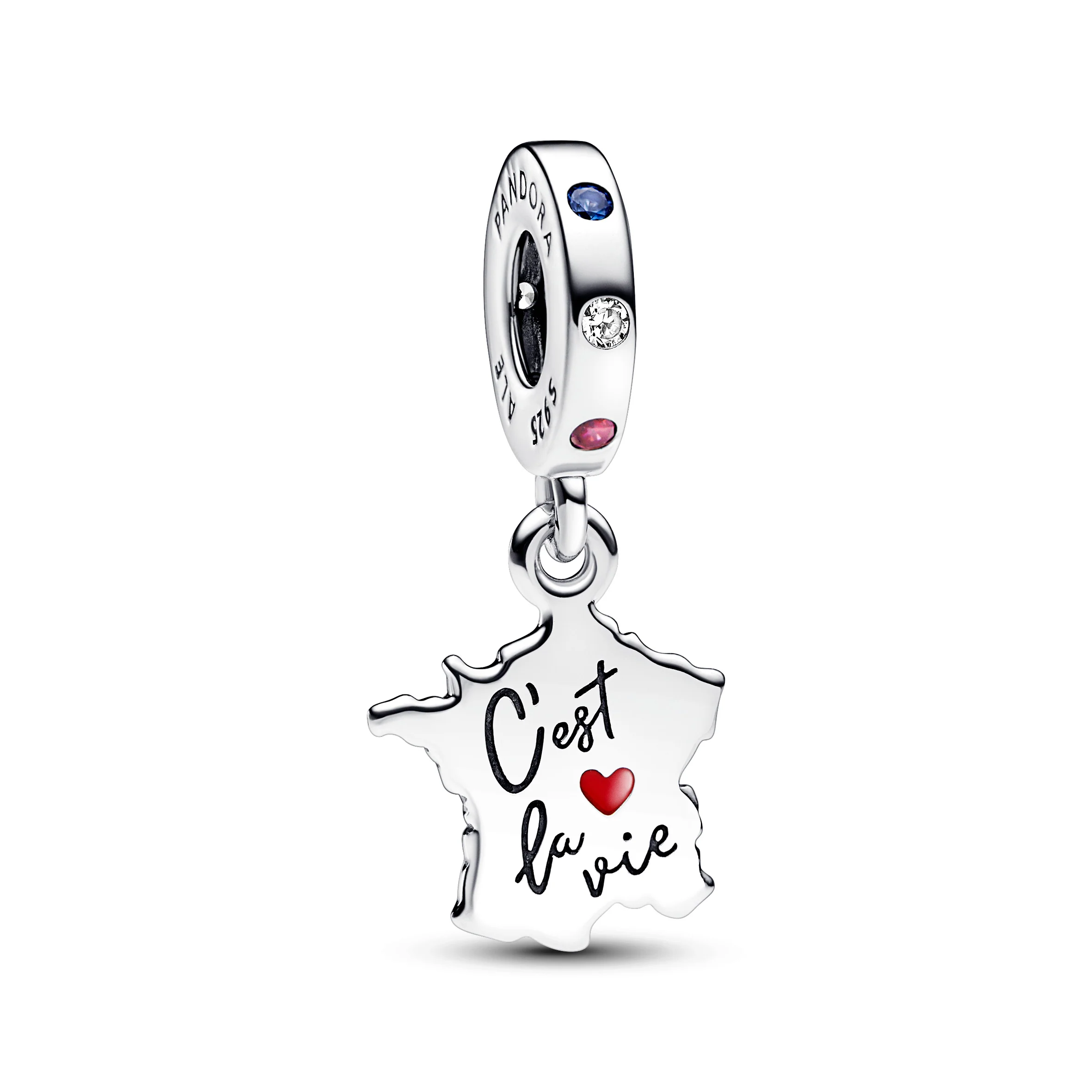 France Map Sterling Silver Dangle With Stellar Blue Crystal, Red And Clear Cubic Zirconia And Red Enamel