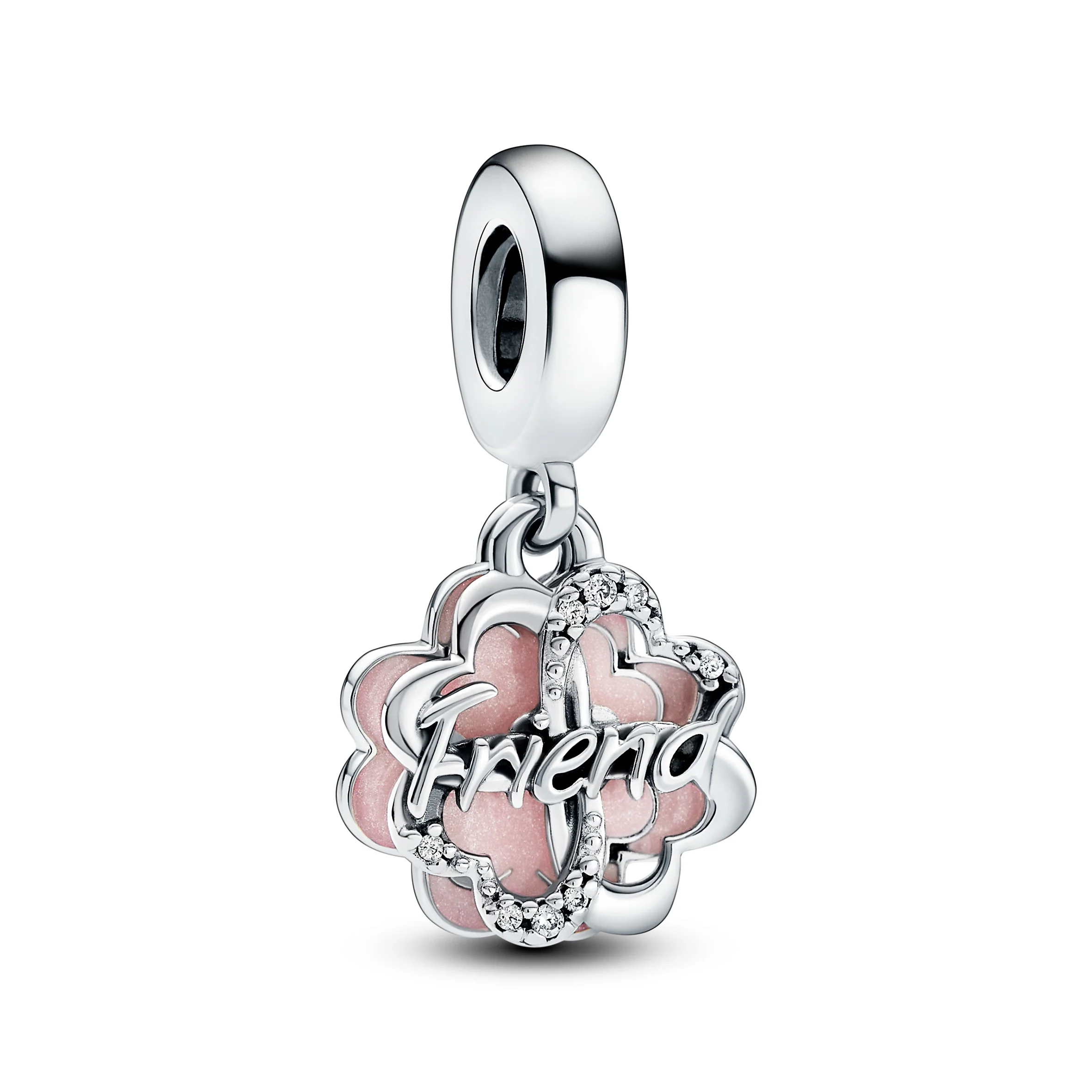 Friend Sterling Silver Dangle With Clear Cubic Zirconia And Glittery Pink Enamel