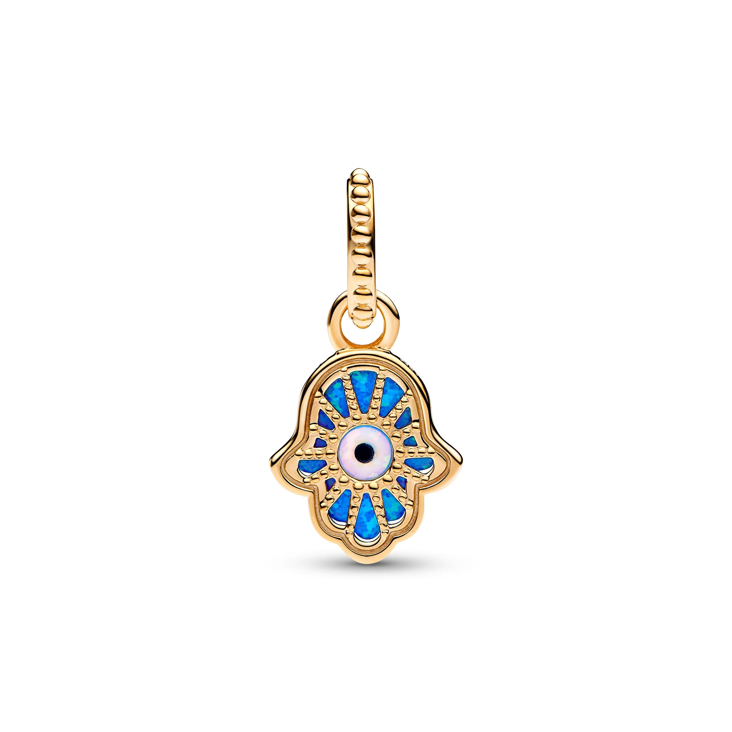 Hamsa Hand 14K Gold-Plated Dangle With Deep Blue And White Lab-Created Opal And Black Man-Made Resin - Image 4