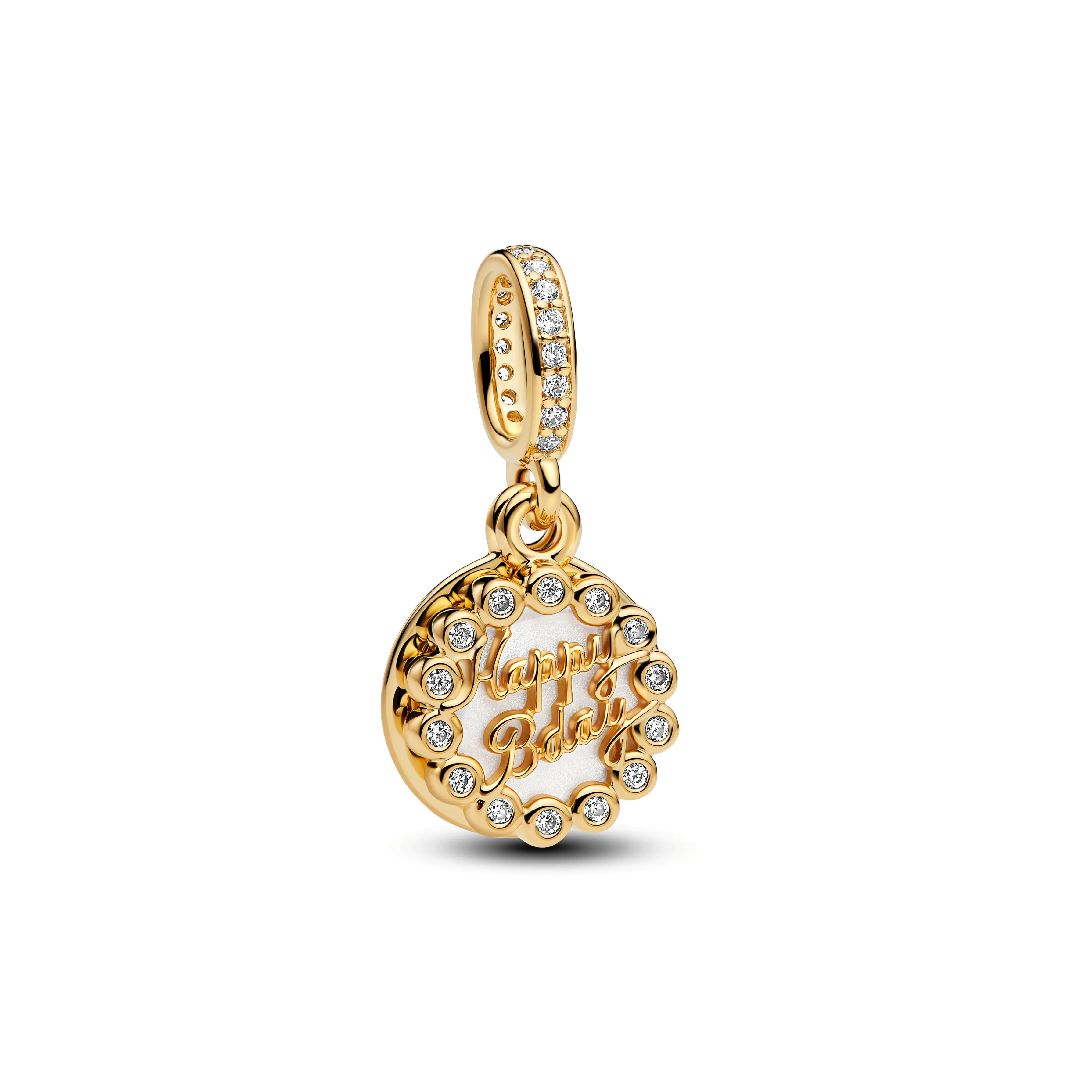 Happy Bday 14K Gold-Plated Dangle With White Bioresin Man-Made Mother Of Pearl And Clear Cubic Zirconia