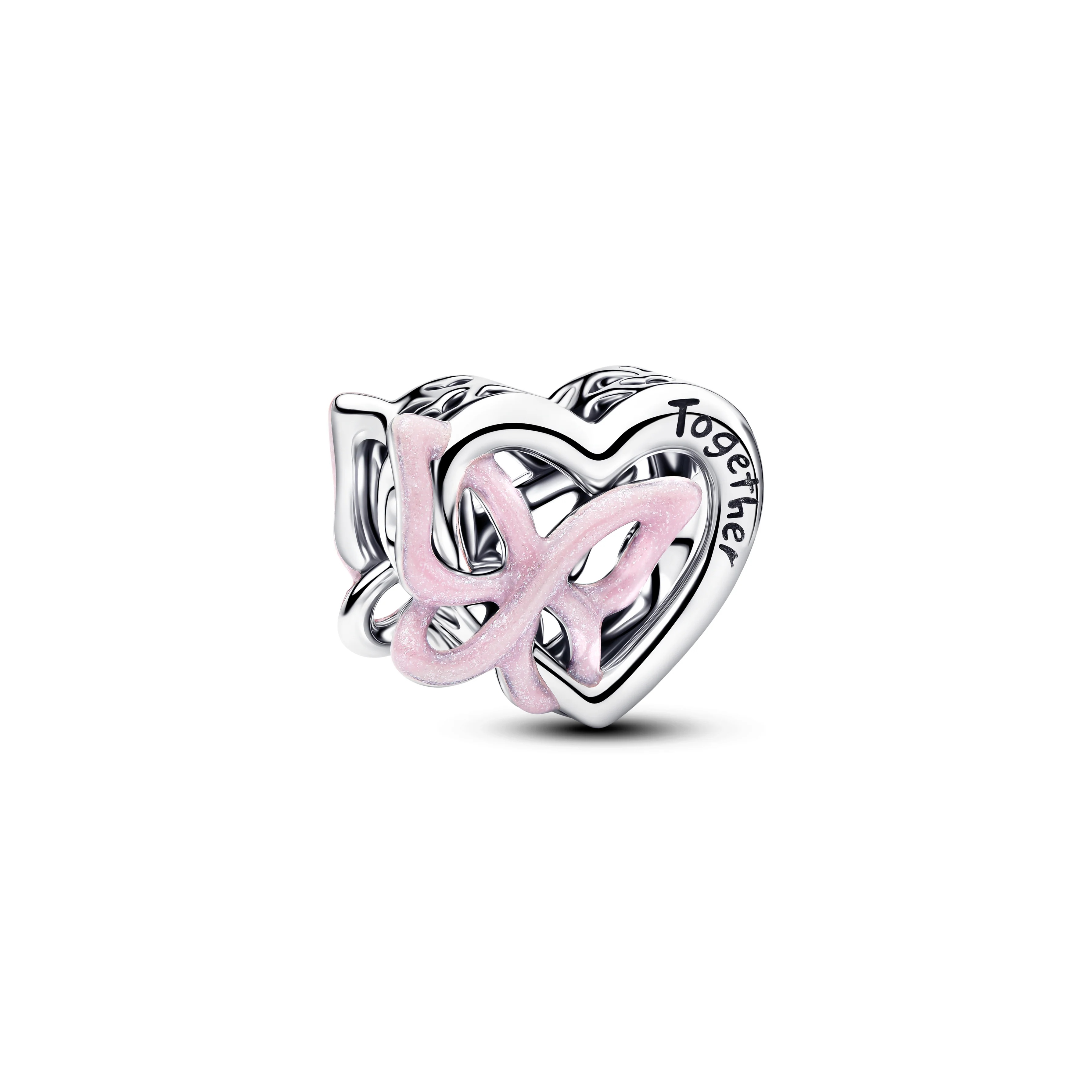 Heart And Butterfly Sterling Silver Charm With Glittery Pink Enamel