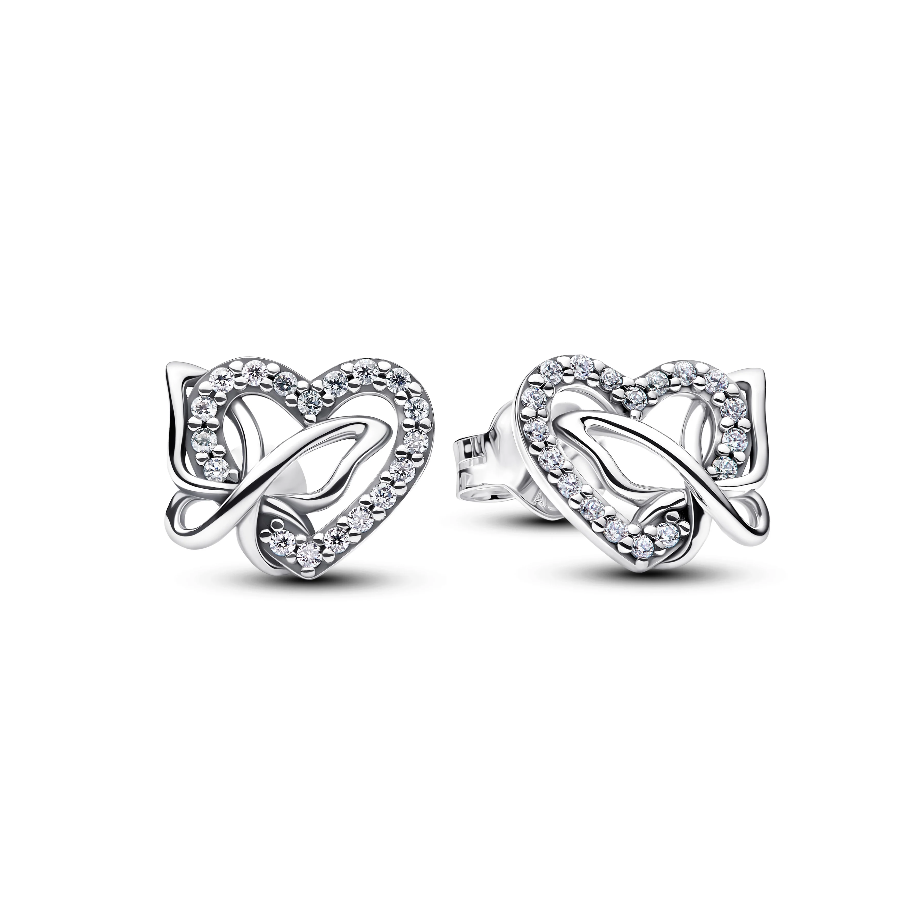 Heart And Butterfly Sterling Silver Stud Earrings With Clear Cubic Zirconia