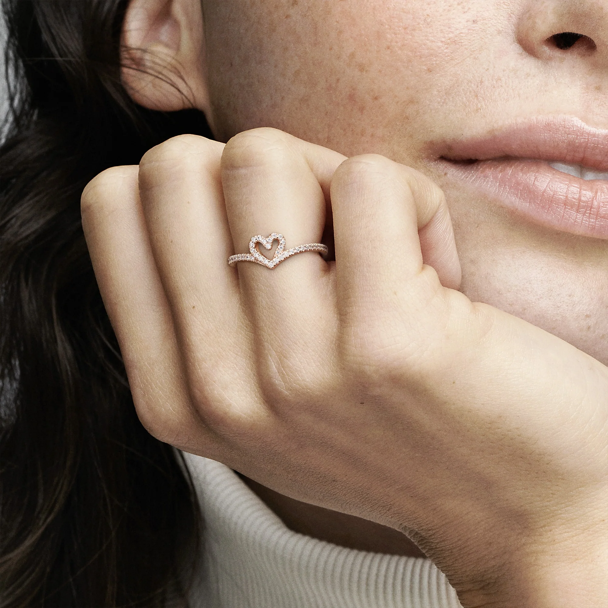 Heart And Wishbone 14K Rose Gold-Plated Ring With Clear Cubic Zirconia - Image 2