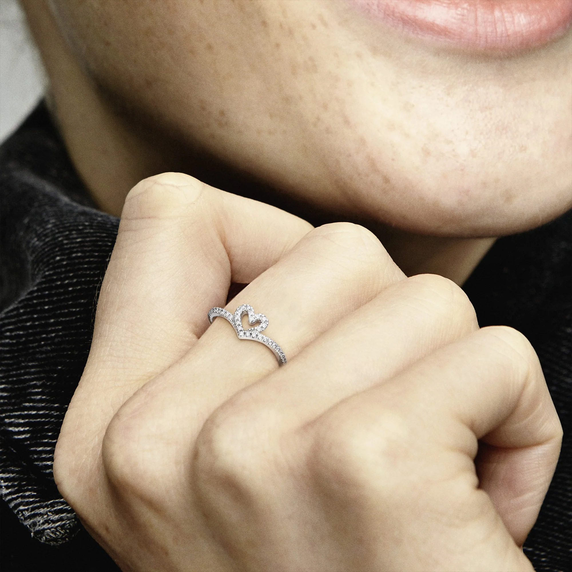 Heart And Wishbone Sterling Silver Ring With Clear Cubic Zirconia - Image 2