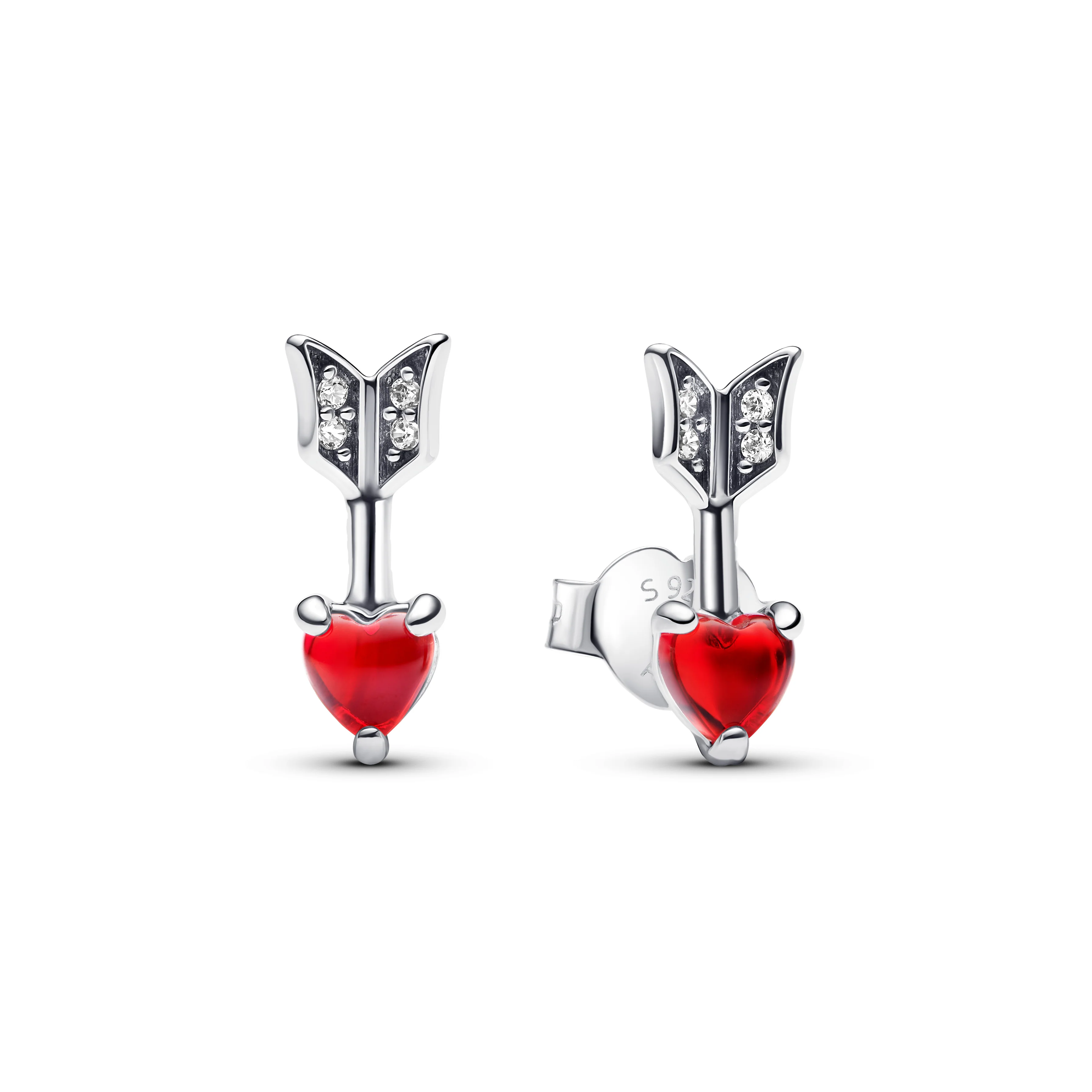 Heart Arrow Sterling Silver Stud Earrings With Red Murano Glass And Clear Cubic Zirconia
