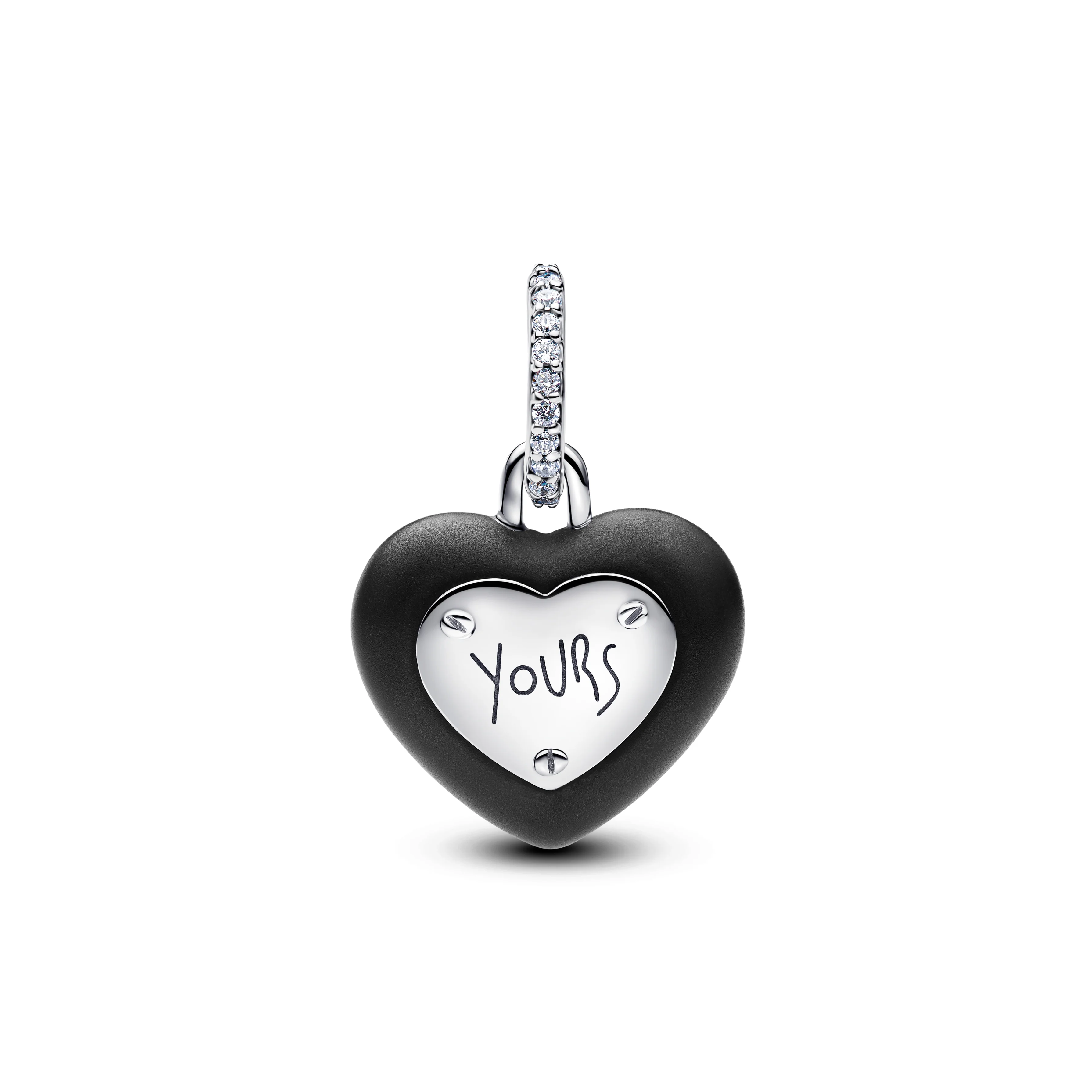 Heart Padlock Sterling Silver Dangle With Black Ceramic And Clear Cubic Zirconia