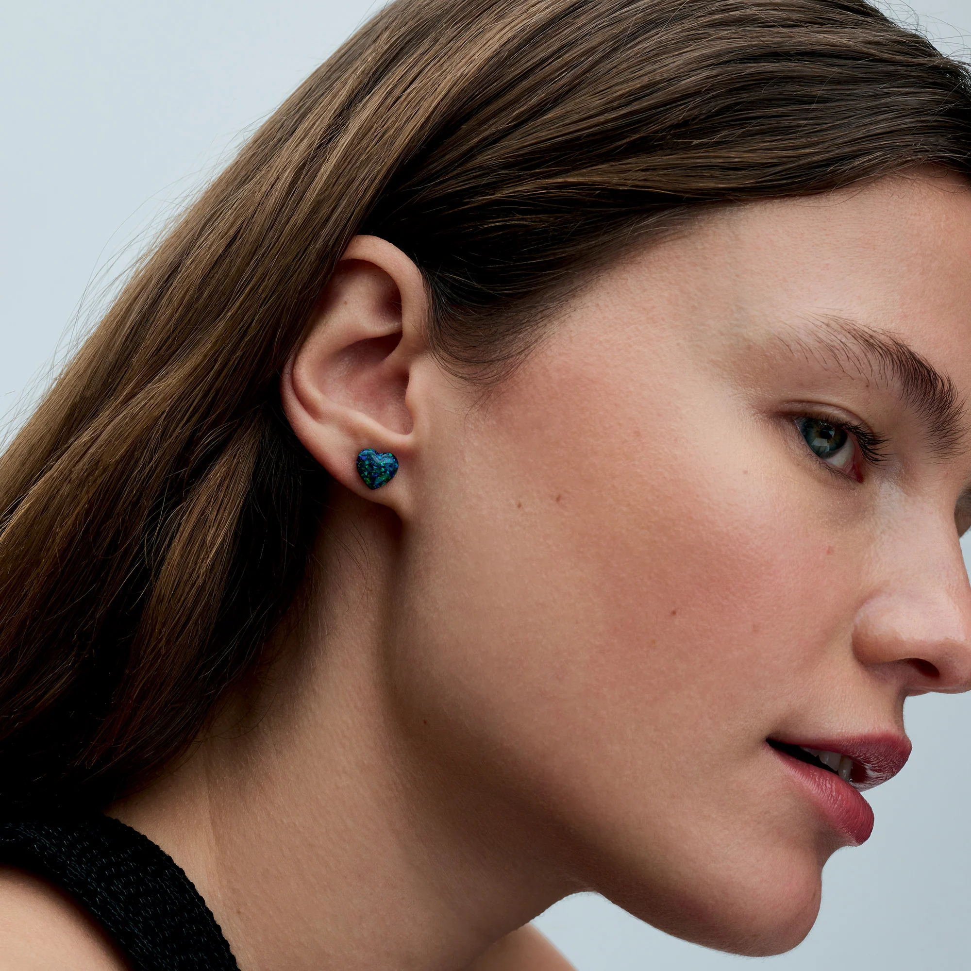 Heart Sterling Silver Stud Earrings With Green Blue Lab-Created Opal - Image 2