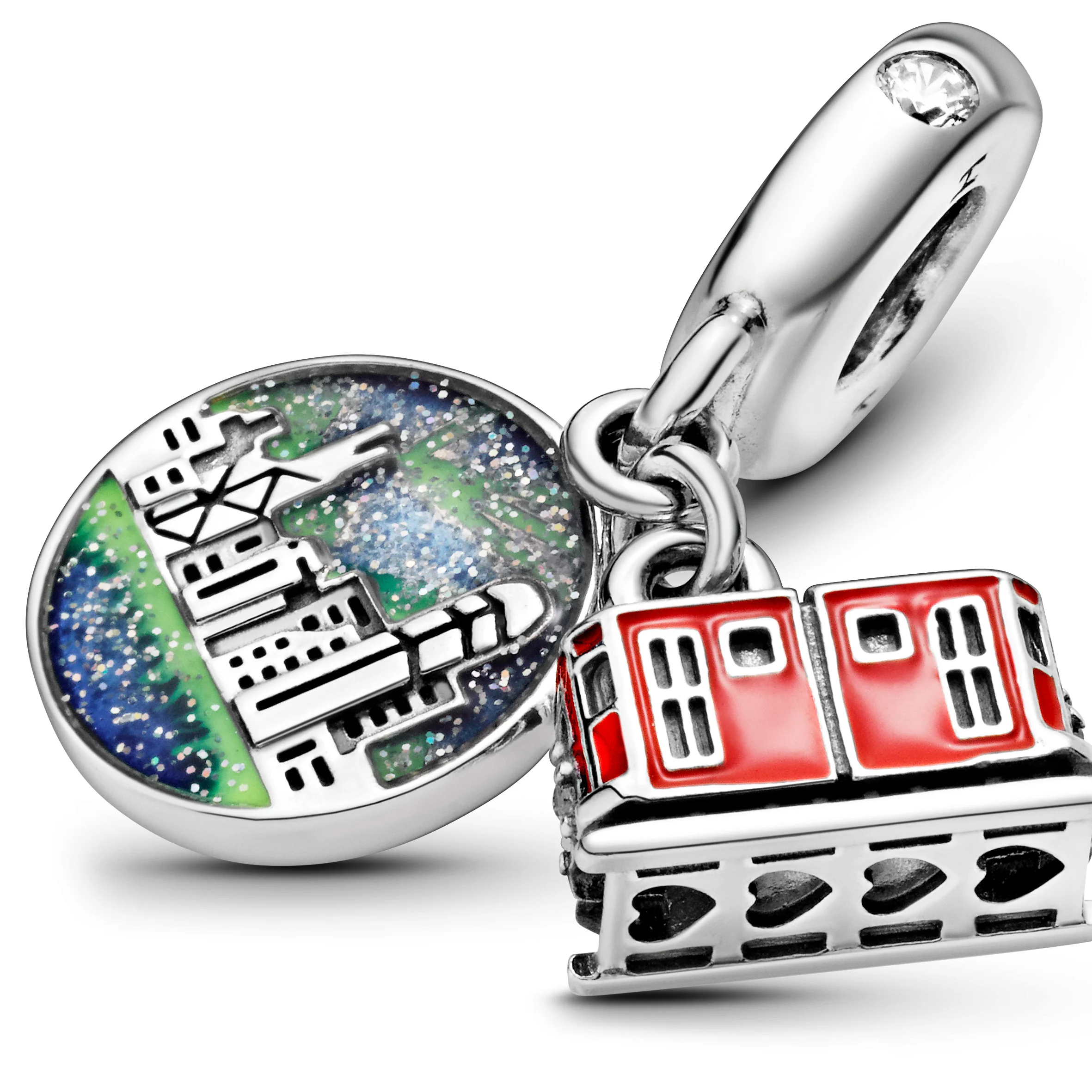 Hong Kong Peak Tram Sterling Silver Dangle With Clear Cubic Zirconia And Red, Blue, Yellow And Glittery Enamel