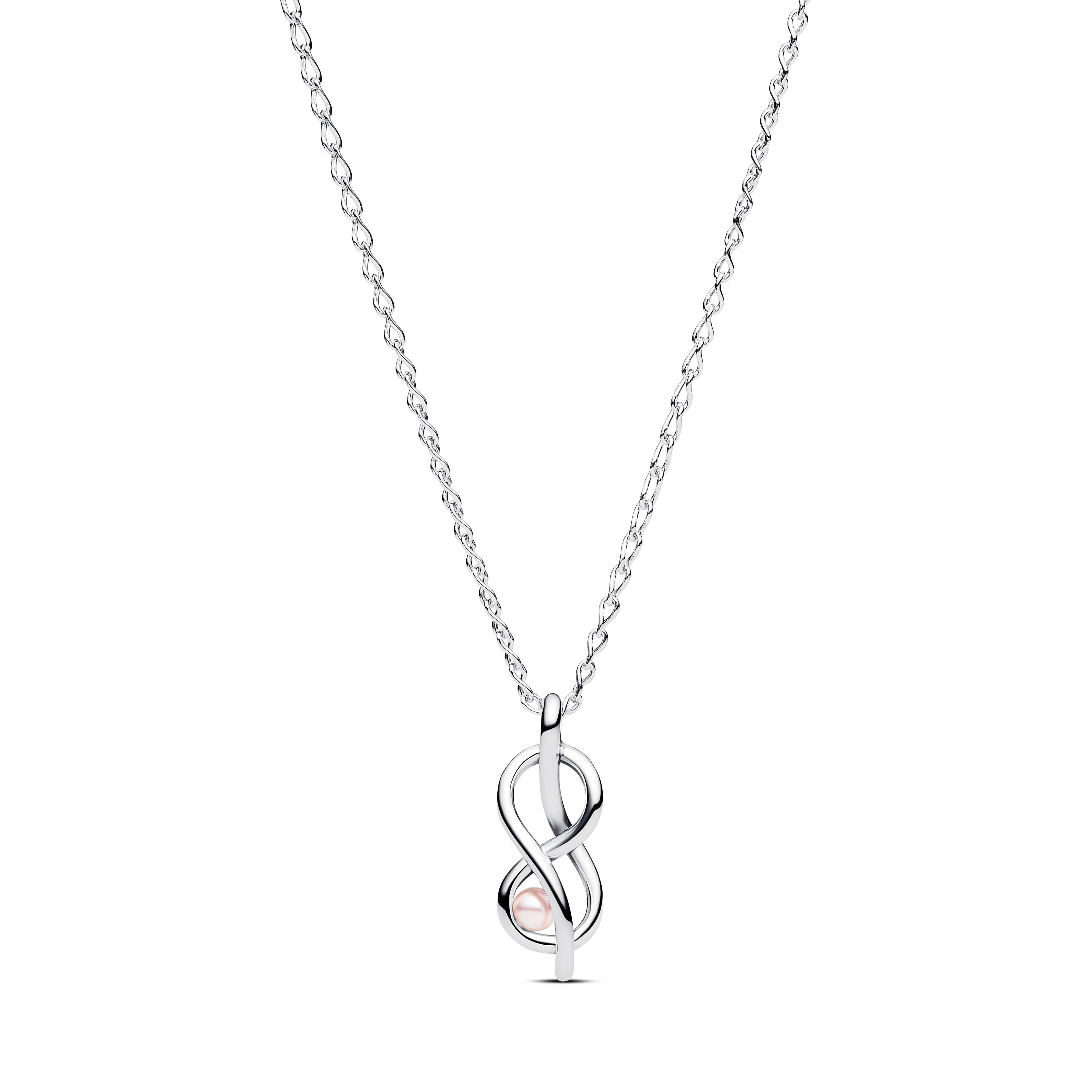 Infinity Knot Sterling Silver Pendant Necklace With Pink Lacquered Artificial Pearl And Clear Cubic Zirconia - Image 3
