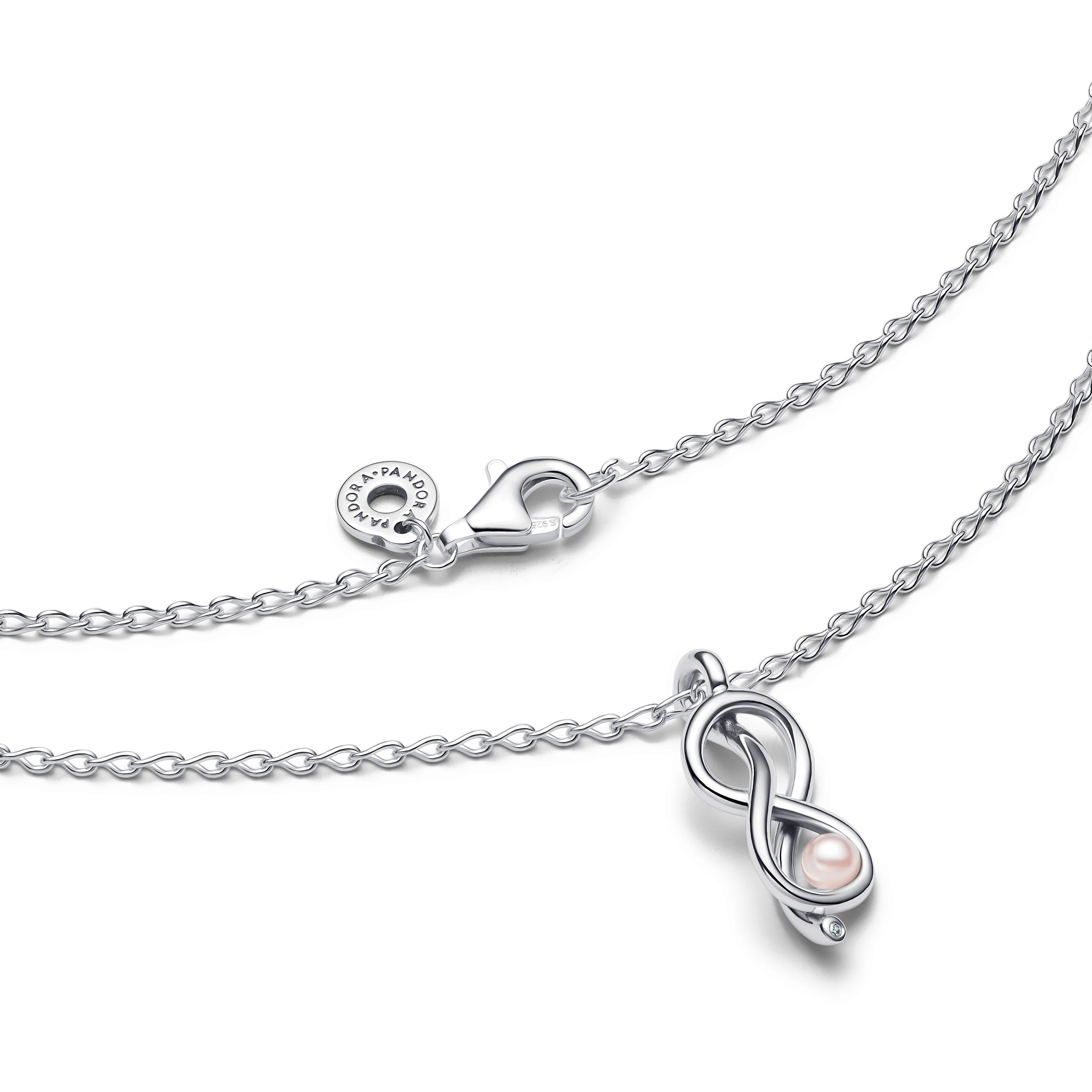 Infinity Knot Sterling Silver Pendant Necklace With Pink Lacquered Artificial Pearl And Clear Cubic Zirconia - Image 4