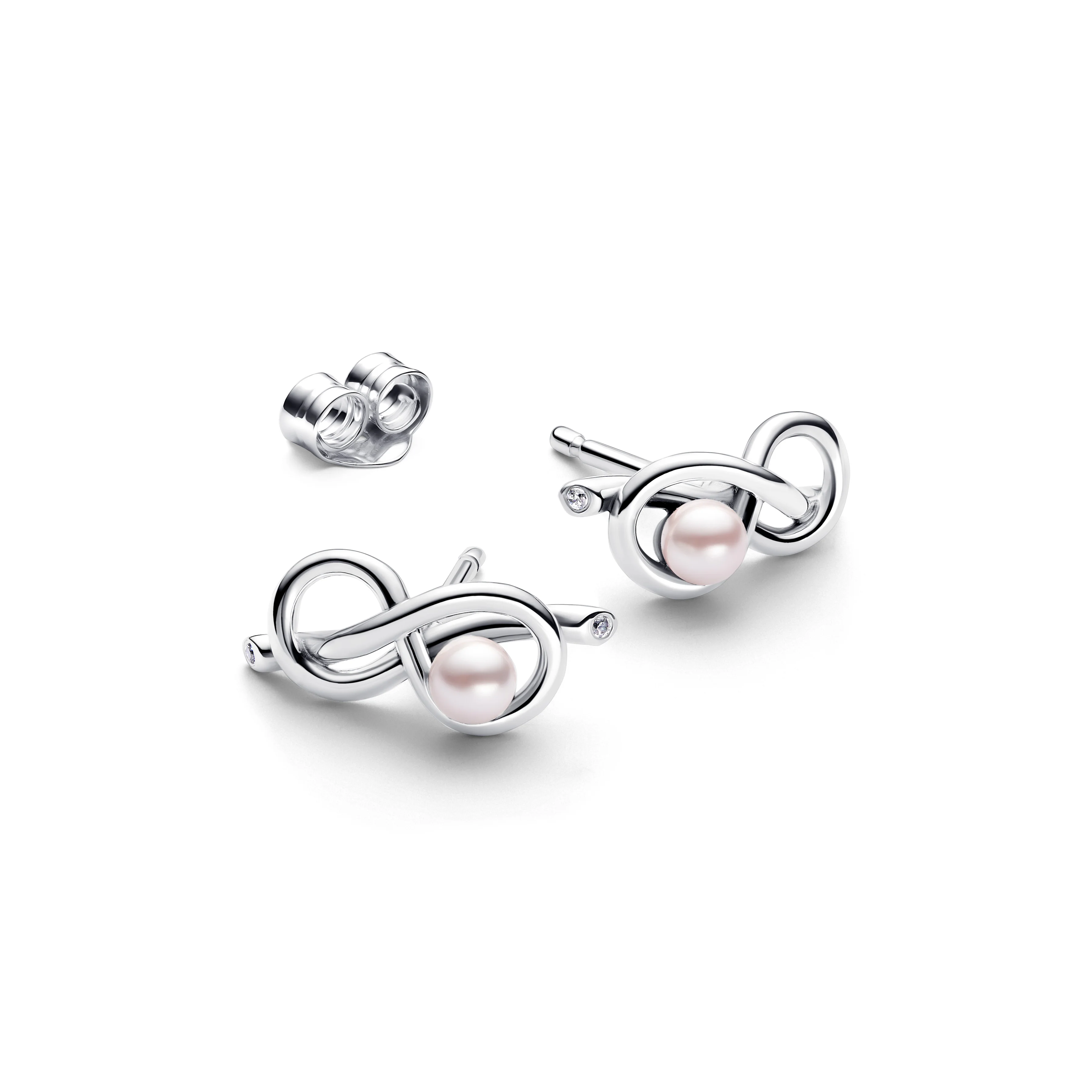 Infinity Knot Sterling Silver Stud Earrings With Pink Lacquered Artificial Pearl And Clear Cubic Zirconia - Image 3