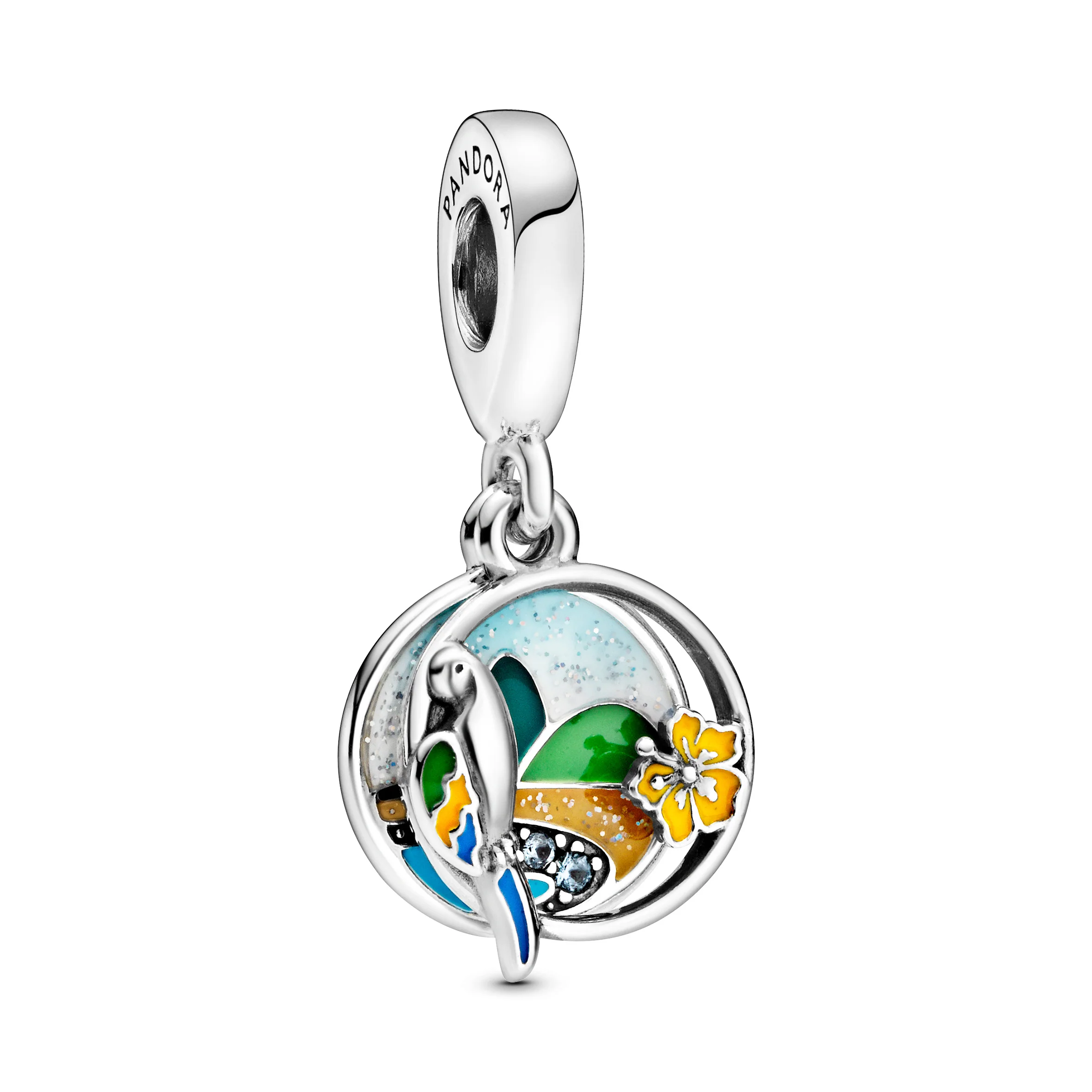 Love Brazil Sterling Silver Dangle With Icy Blue Crystal And Green, Blue, Yellow And Glittery Enamel