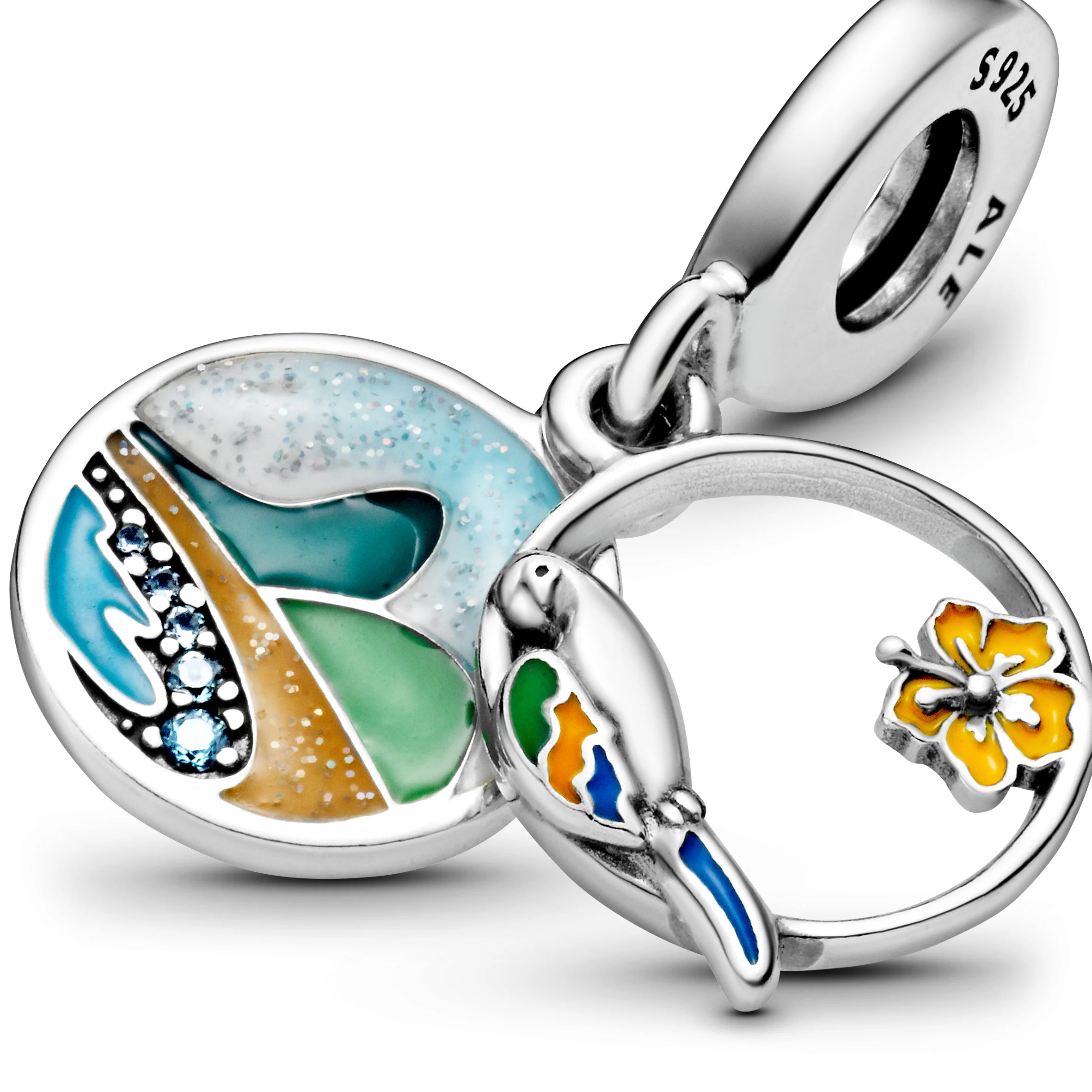 Love Brazil Sterling Silver Dangle With Icy Blue Crystal And Green, Blue, Yellow And Glittery Enamel - Image 3