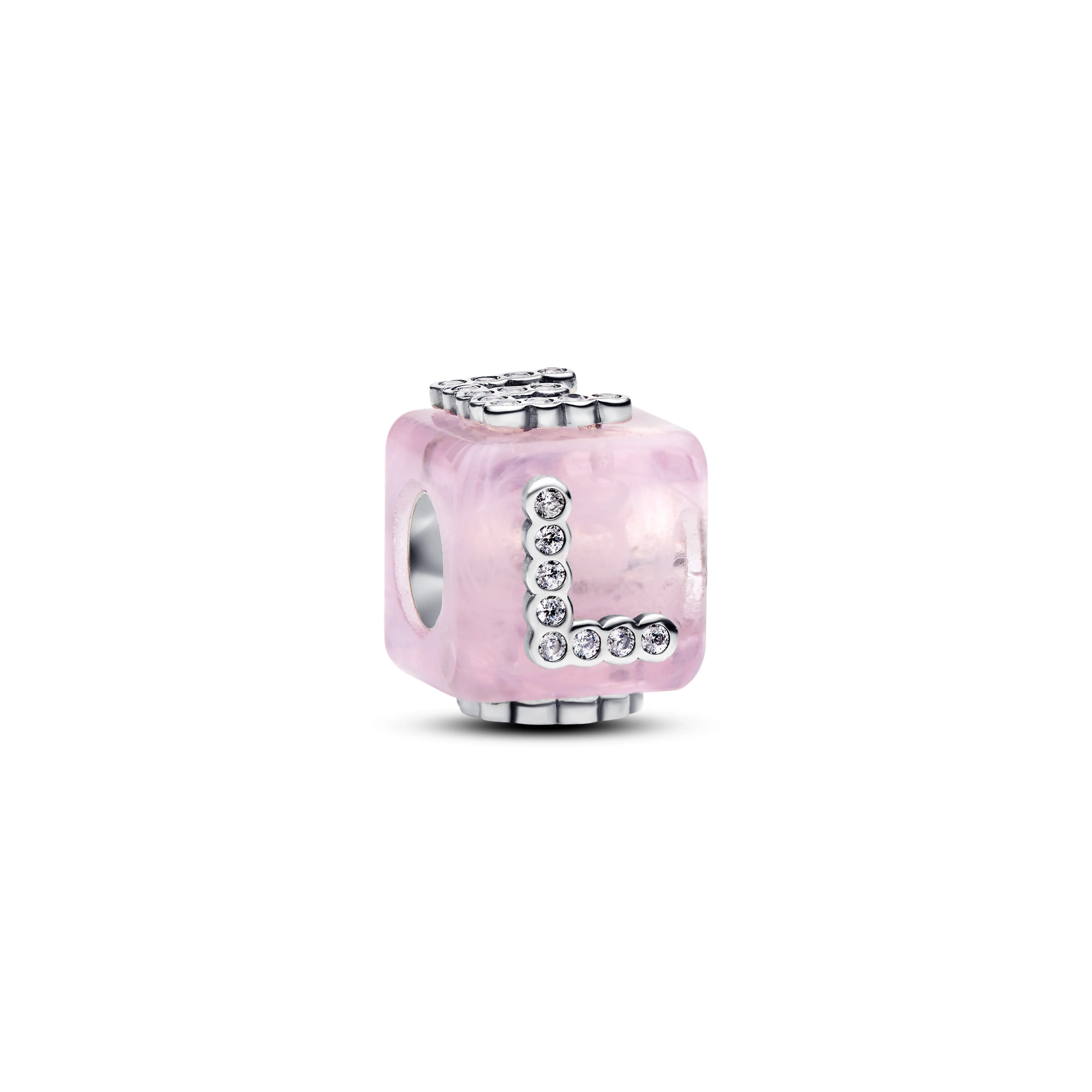 Love Cube Sterling Silver Charm With Pink Murano Glas And Clear Cubic Zirconia