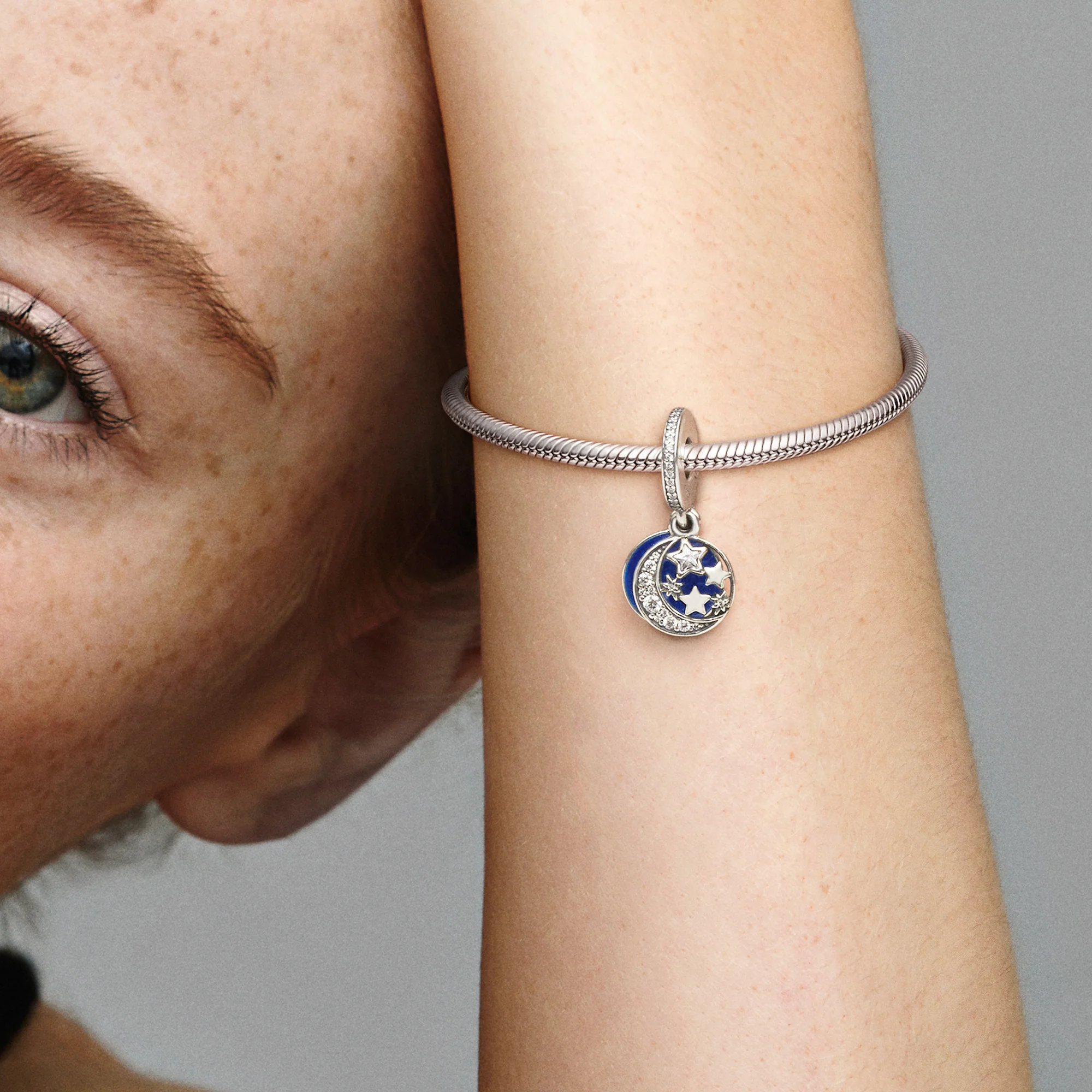 Moon And Star Silver Dangle With Clear Cubic Zirconia And Blue Enamel - Image 2