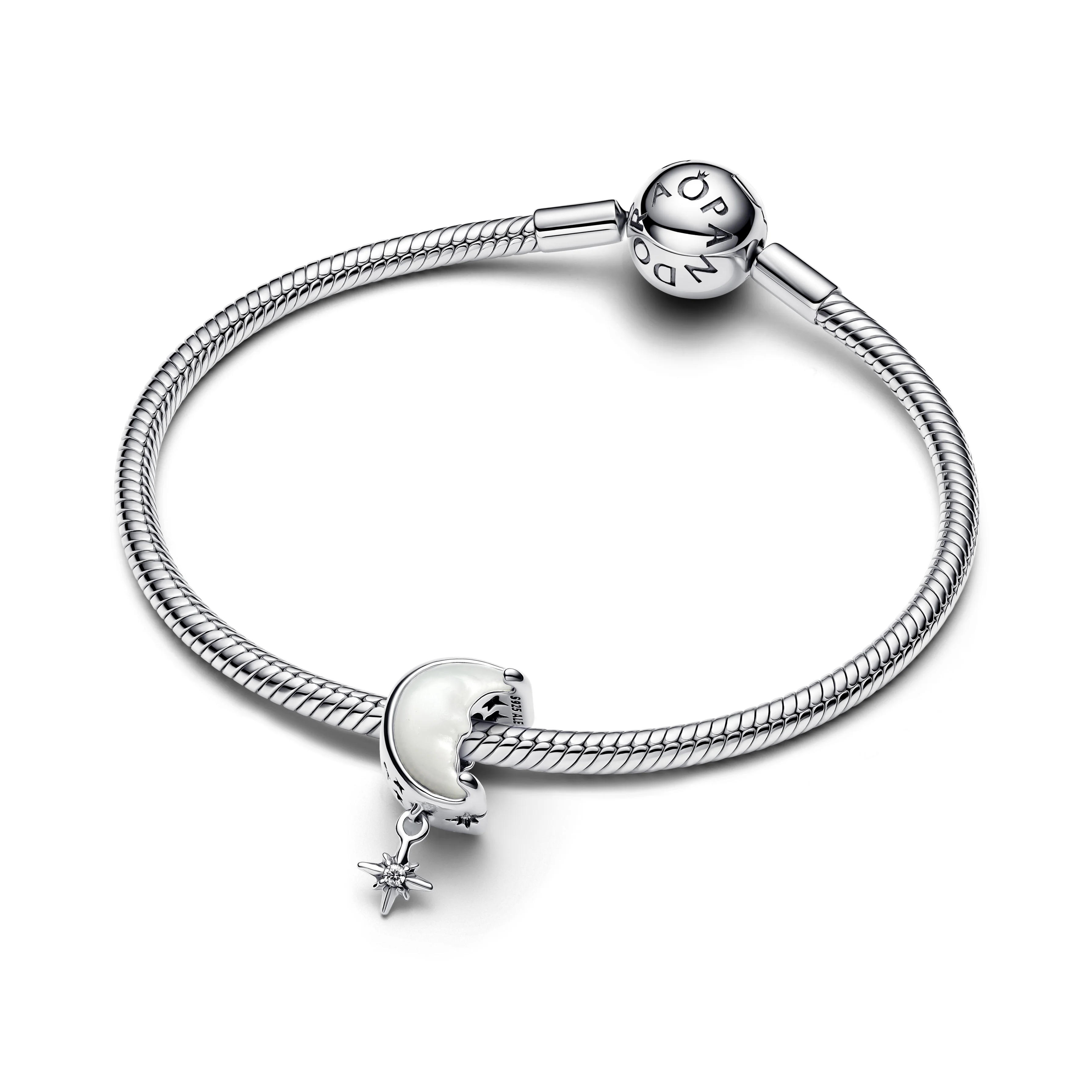 Moon And Star Sterling Silver Charm With White Bioresin Mother Of Pearl And Clear Cubic Zirconia - Image 4