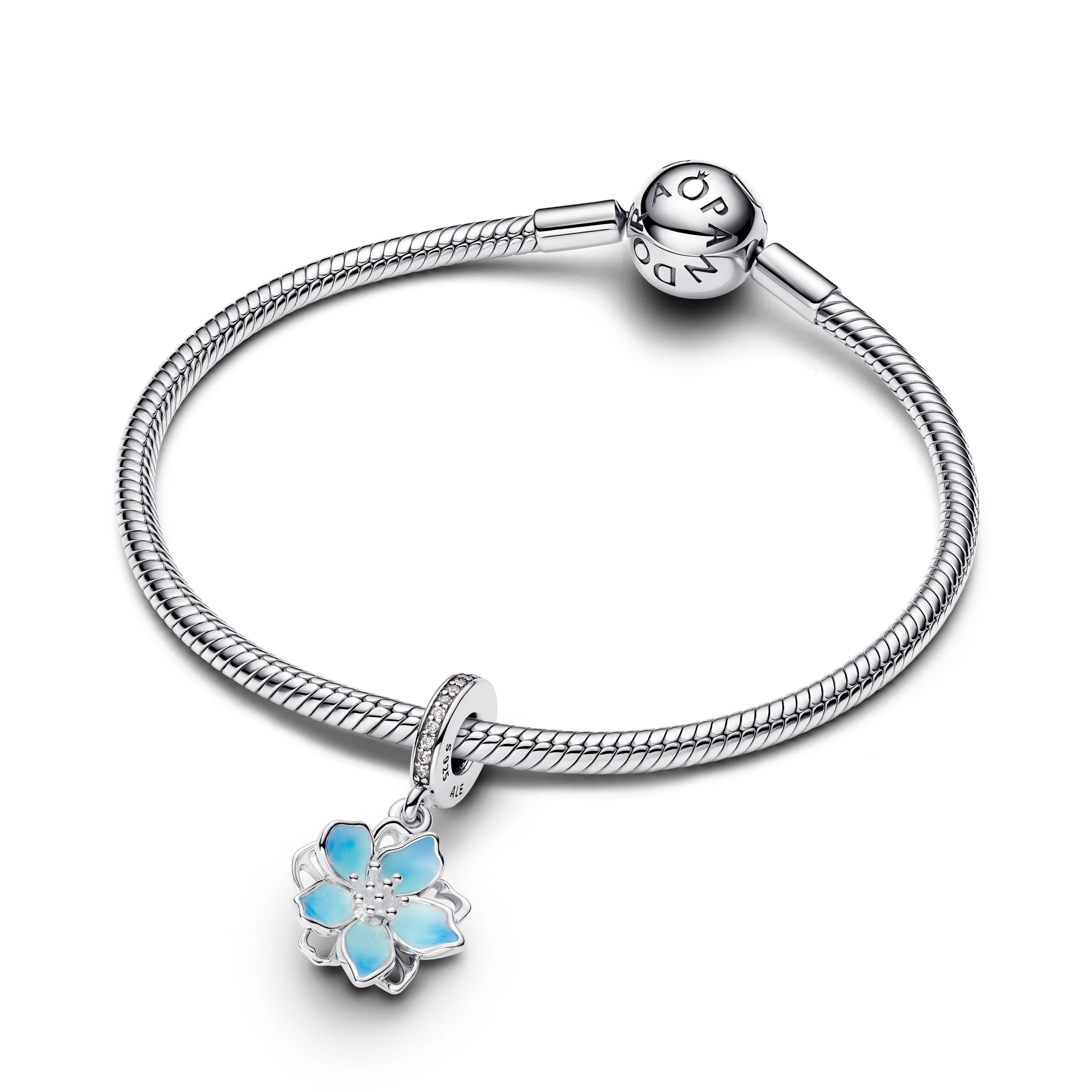 Movable Cherry Blossom Sterling Silver Dangle With Clear Cubic Zirconia And Shaded Blue Enamel - Image 4