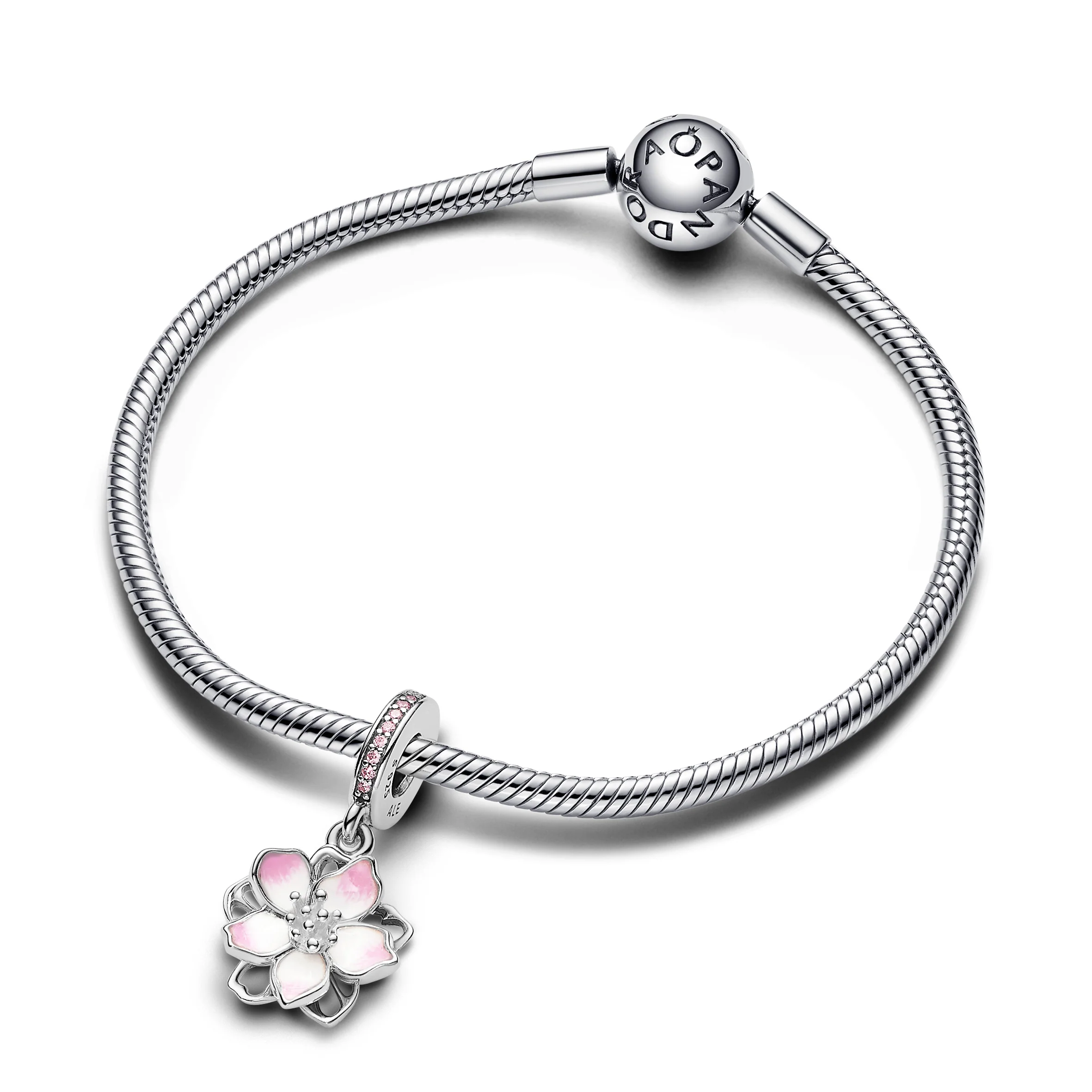 Movable Cherry Blossom Sterling Silver Dangle With Fancy Pink Cubic Zirconia And Shaded Pink Enamel - Image 4