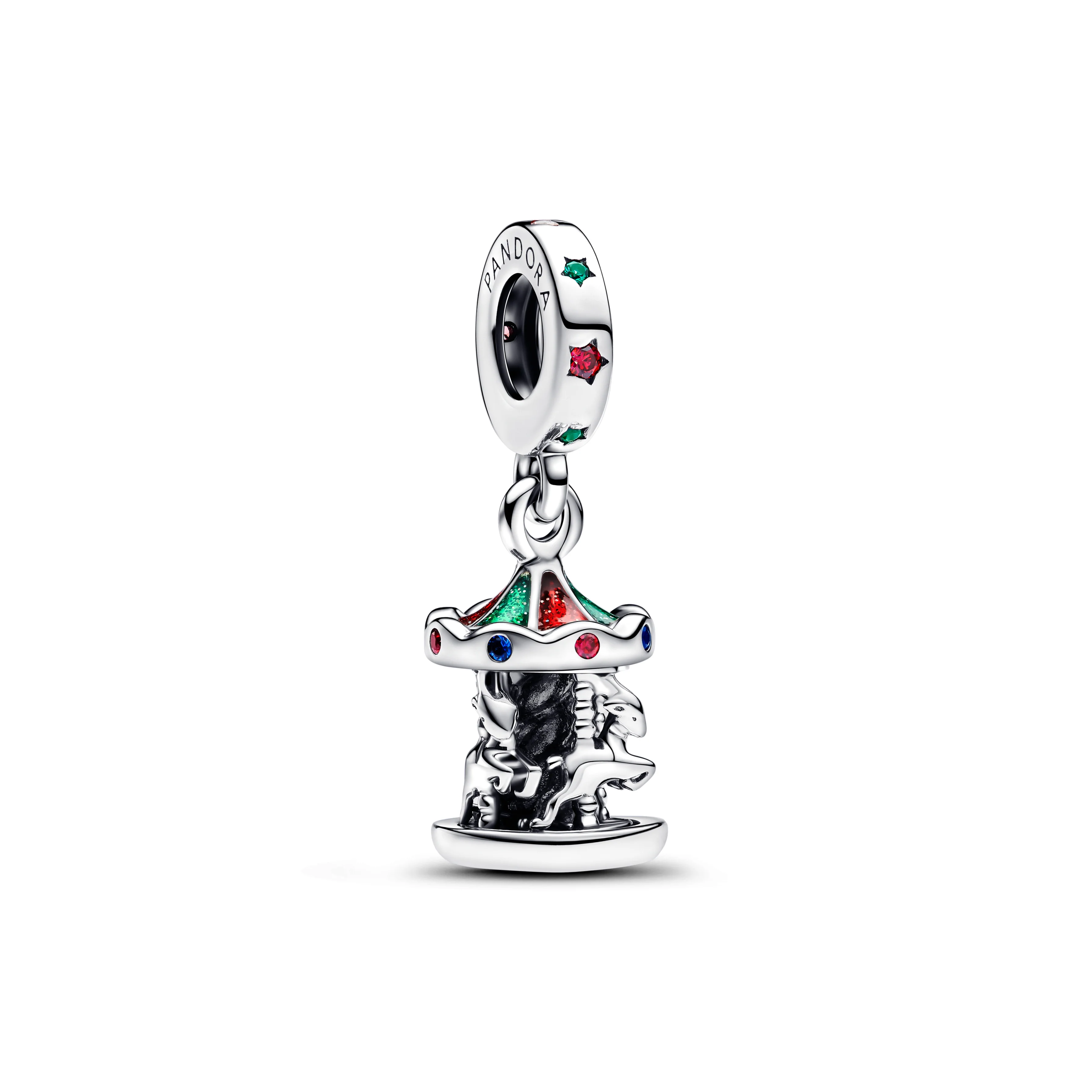 Moveable Carousel Sterling Silver Dangle With Glittery Red And Green Enamel, Red Cubic Zirconia, Green And Blue Crystal