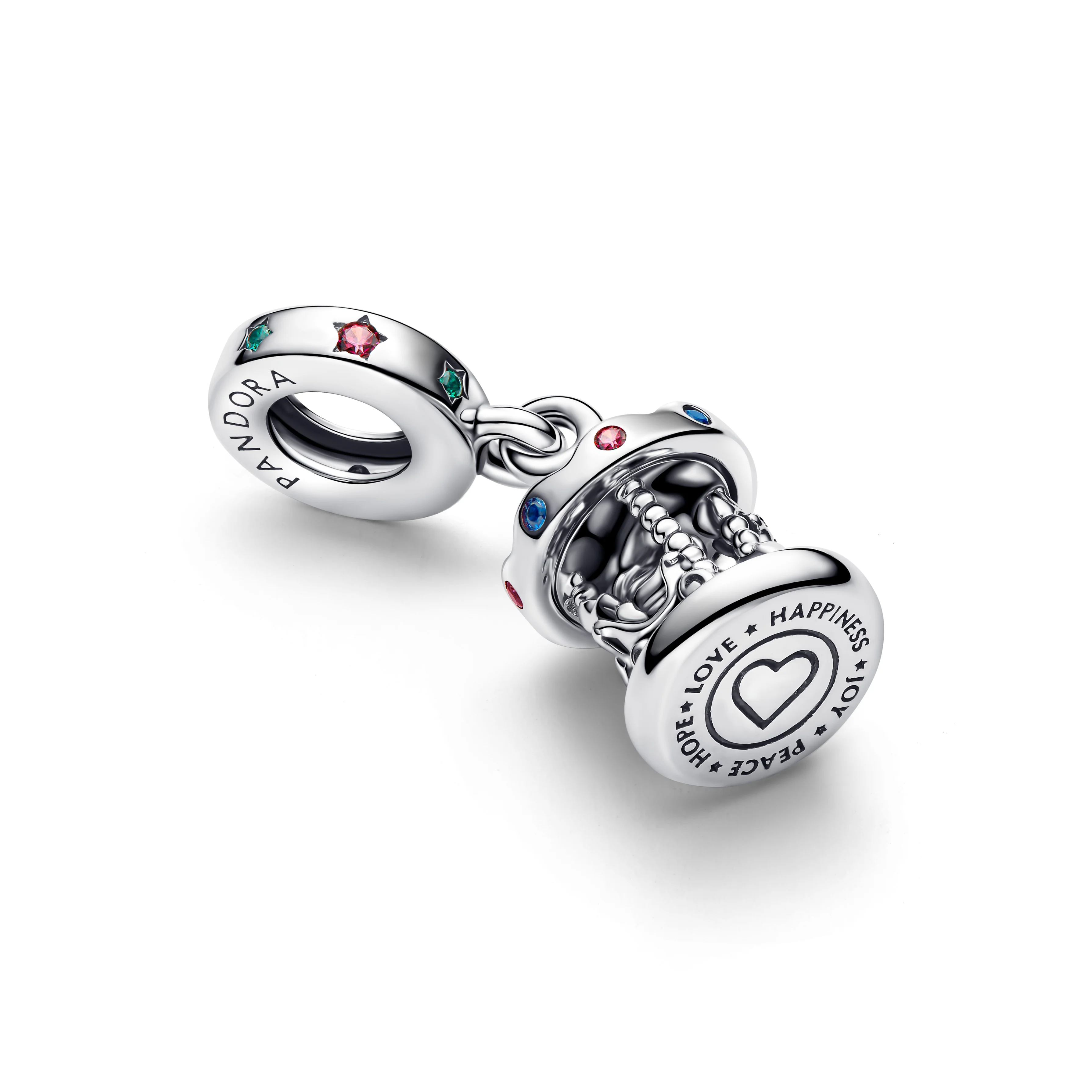Moveable Carousel Sterling Silver Dangle With Glittery Red And Green Enamel, Red Cubic Zirconia, Green And Blue Crystal - Image 3