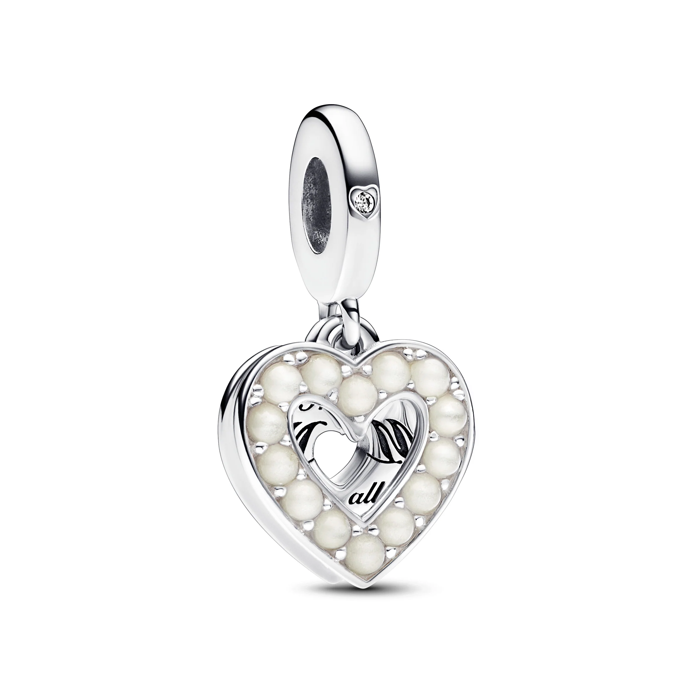 Mum Heart Sterling Silver Double Dangle With Bioresin Man-Made Mother Of Pearl And Clear Cubic Zirconia