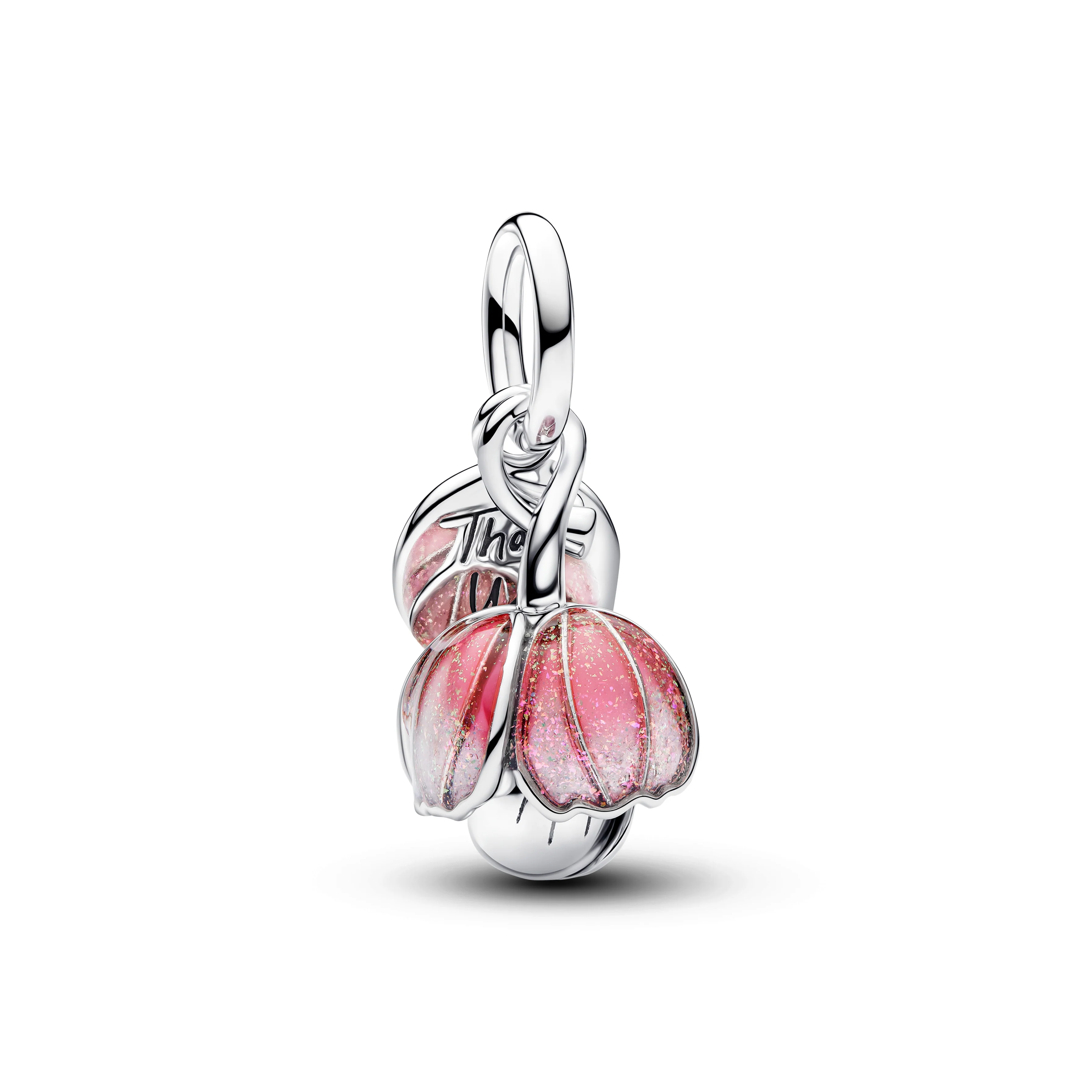 Openable Flower Sterling Silver And 14K Gold-Plated Dangle With Royal Green Crystal And Glittery Shaded Pink Uv Resin