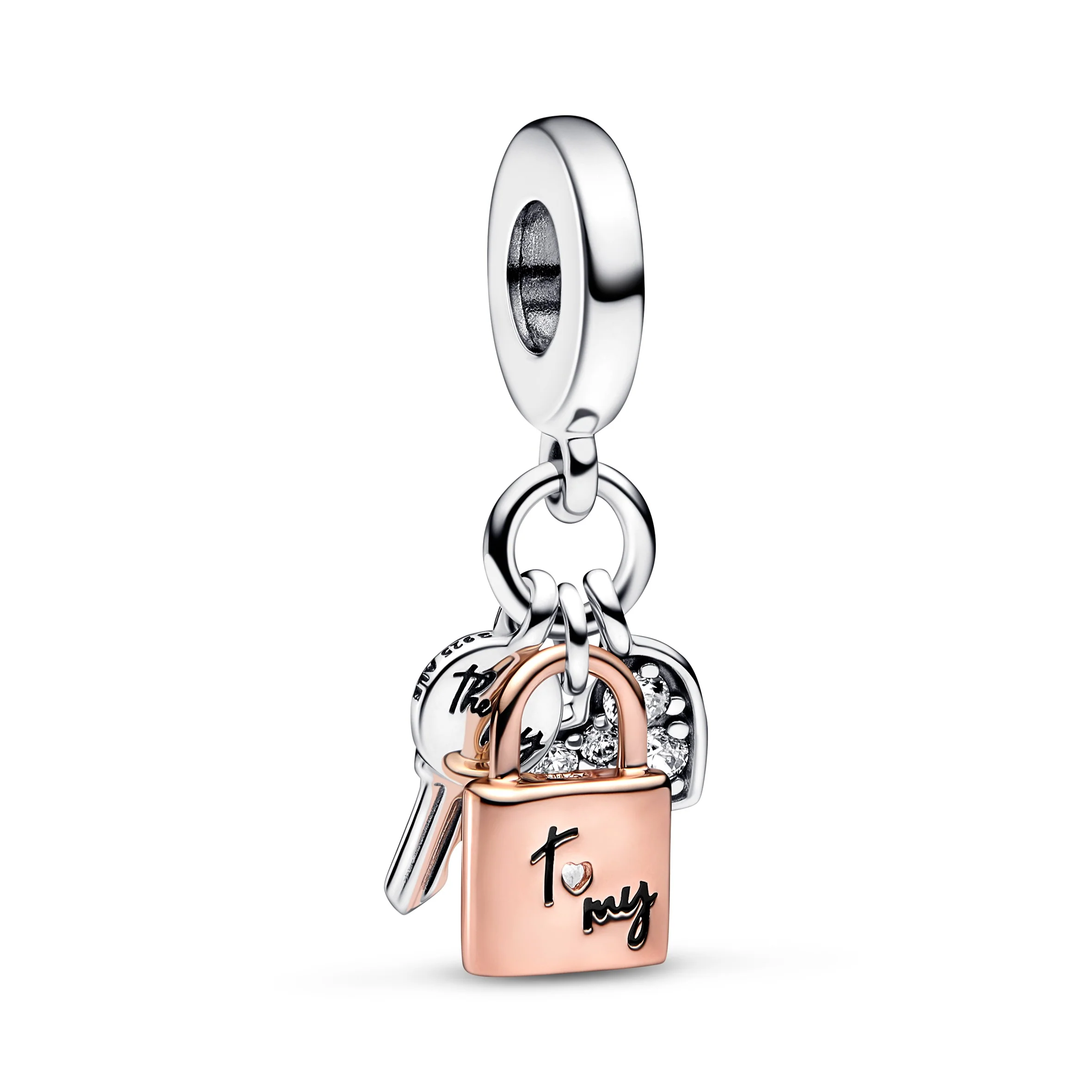 Padlock, Key And Heart Sterling Silver And 14K Rose Gold-Plated Dangle With Clear Cubic Zirconia And Black Enamel - Image 4