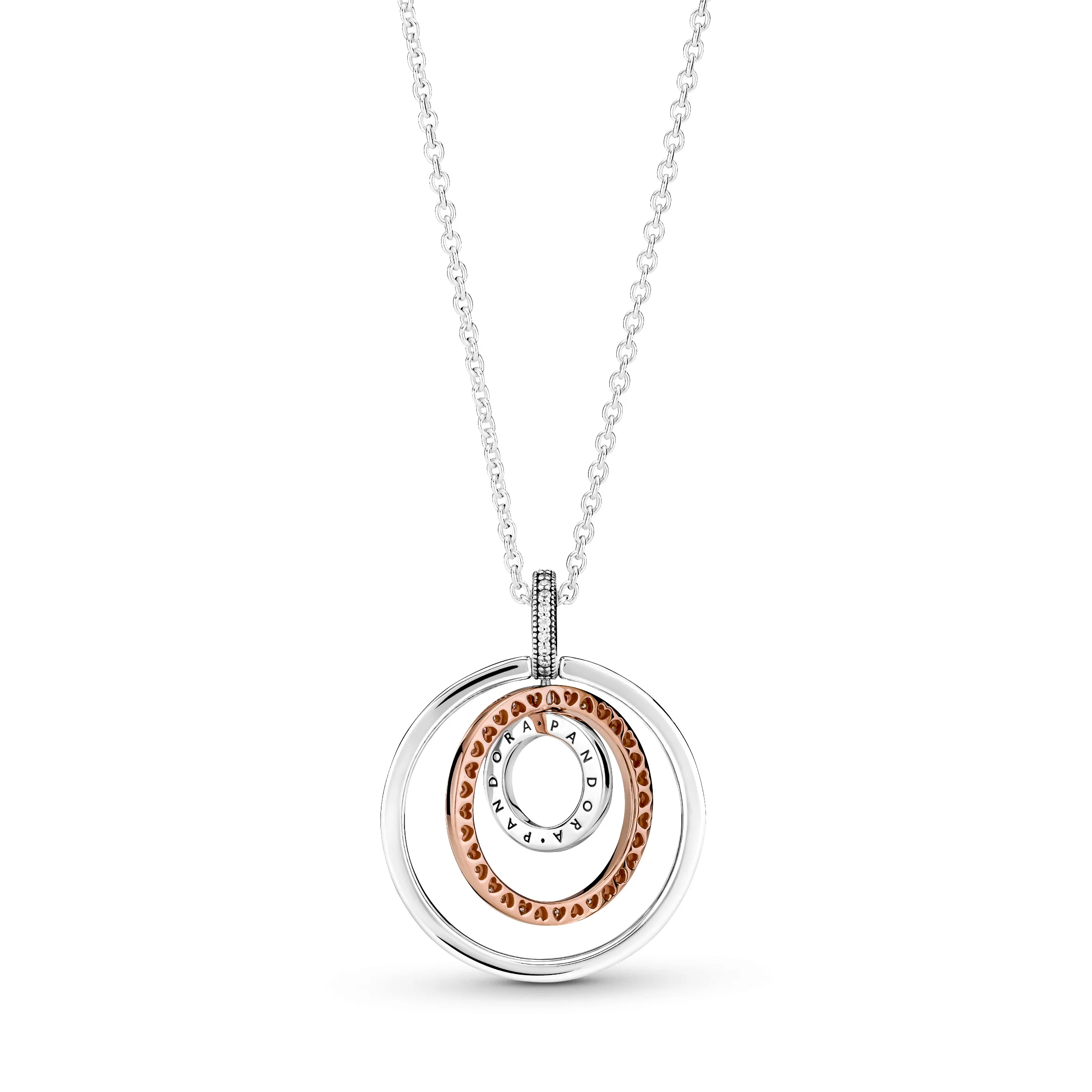 Pandora Logo Interlocking Circles Sterling Silver And 14K Rose Gold-Plated Pendant With Clear Cubic Zirconia And Necklace - Image 4