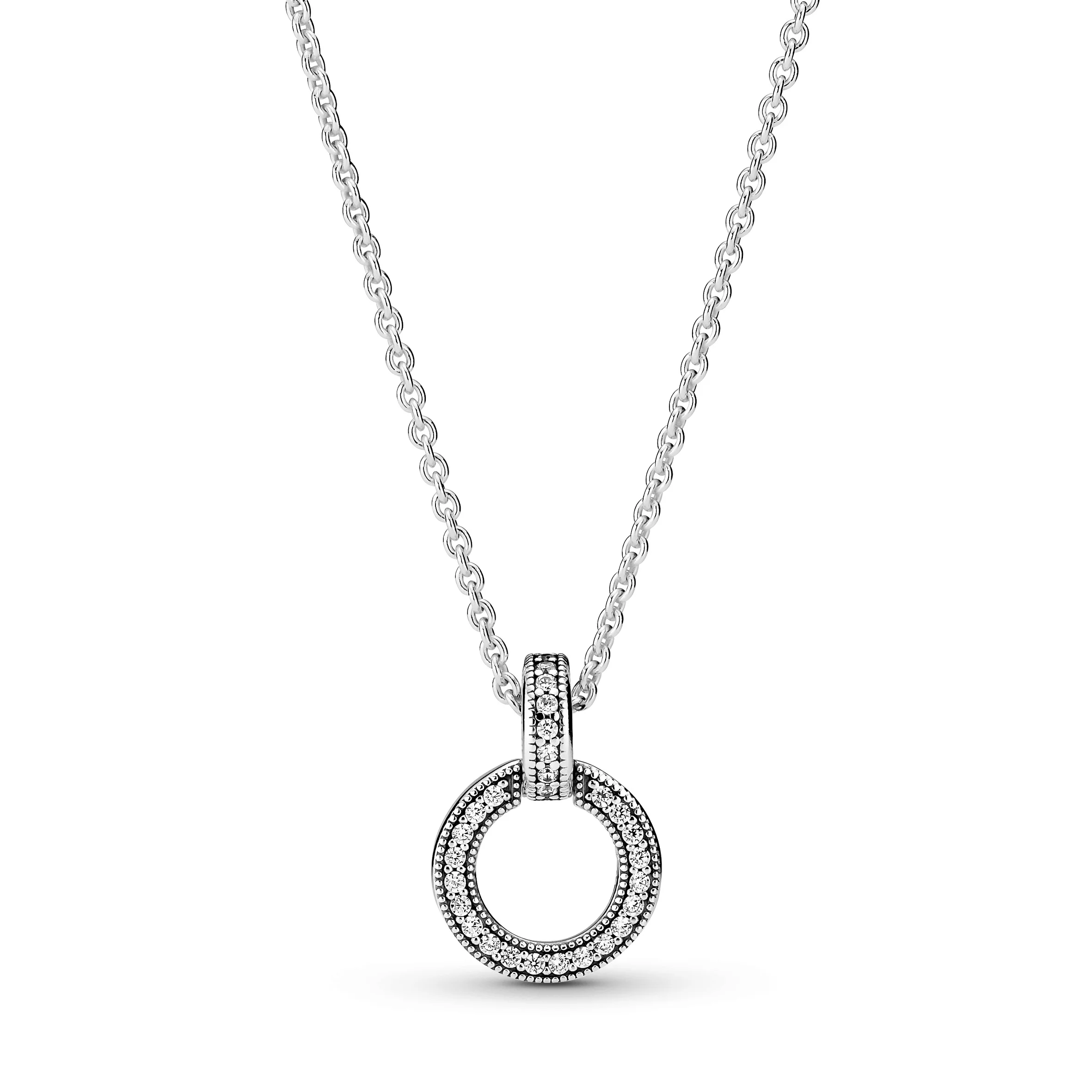 Pandora Logo Interlocking Circles Sterling Silver Pendant With Clear Cubic Zirconia And Necklace