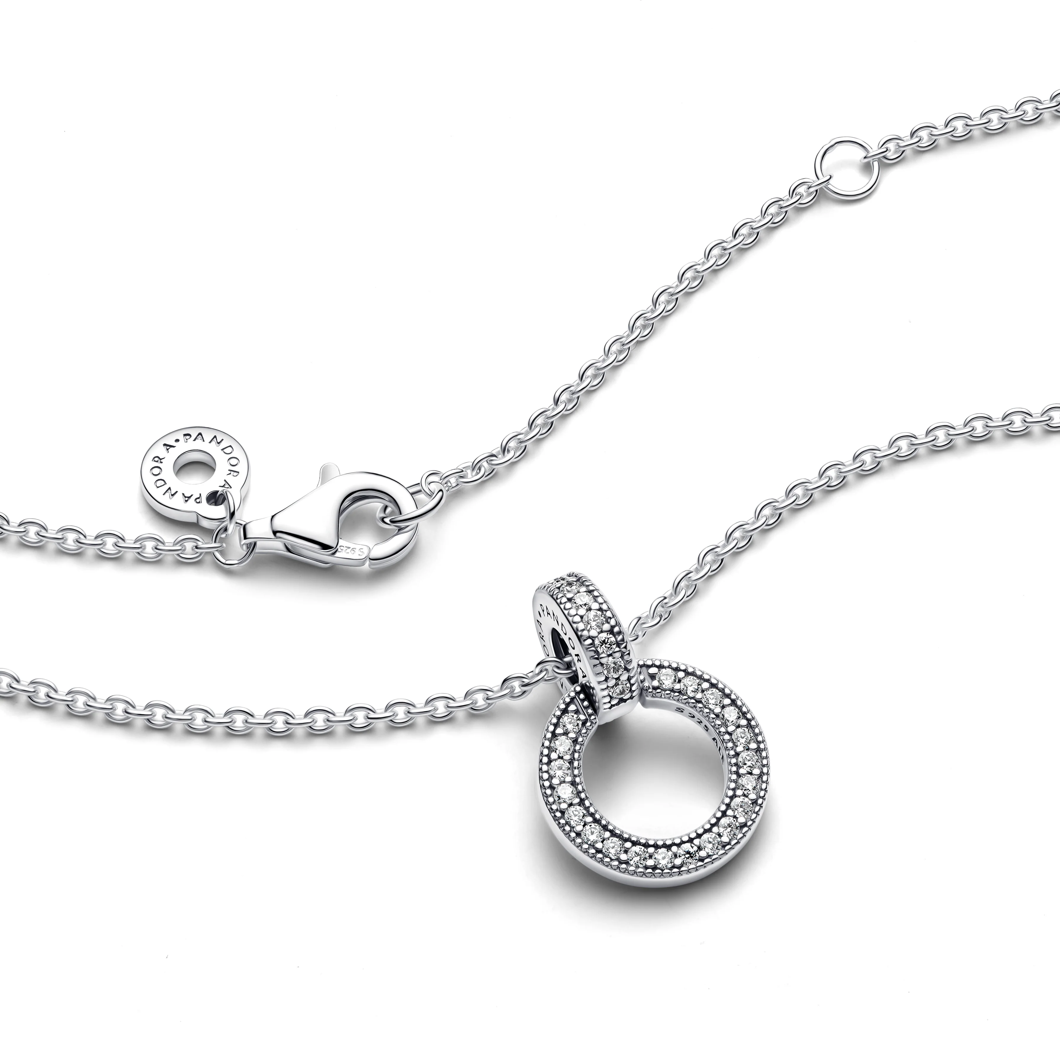 Pandora Logo Interlocking Circles Sterling Silver Pendant With Clear Cubic Zirconia And Necklace - Image 5