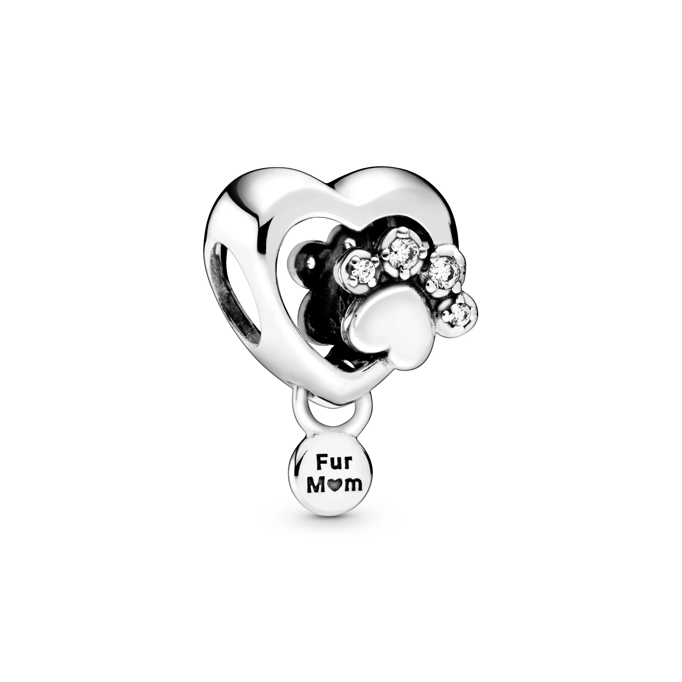Paw Heart Sterling Silver Charm With Clear Cubic Zirconia