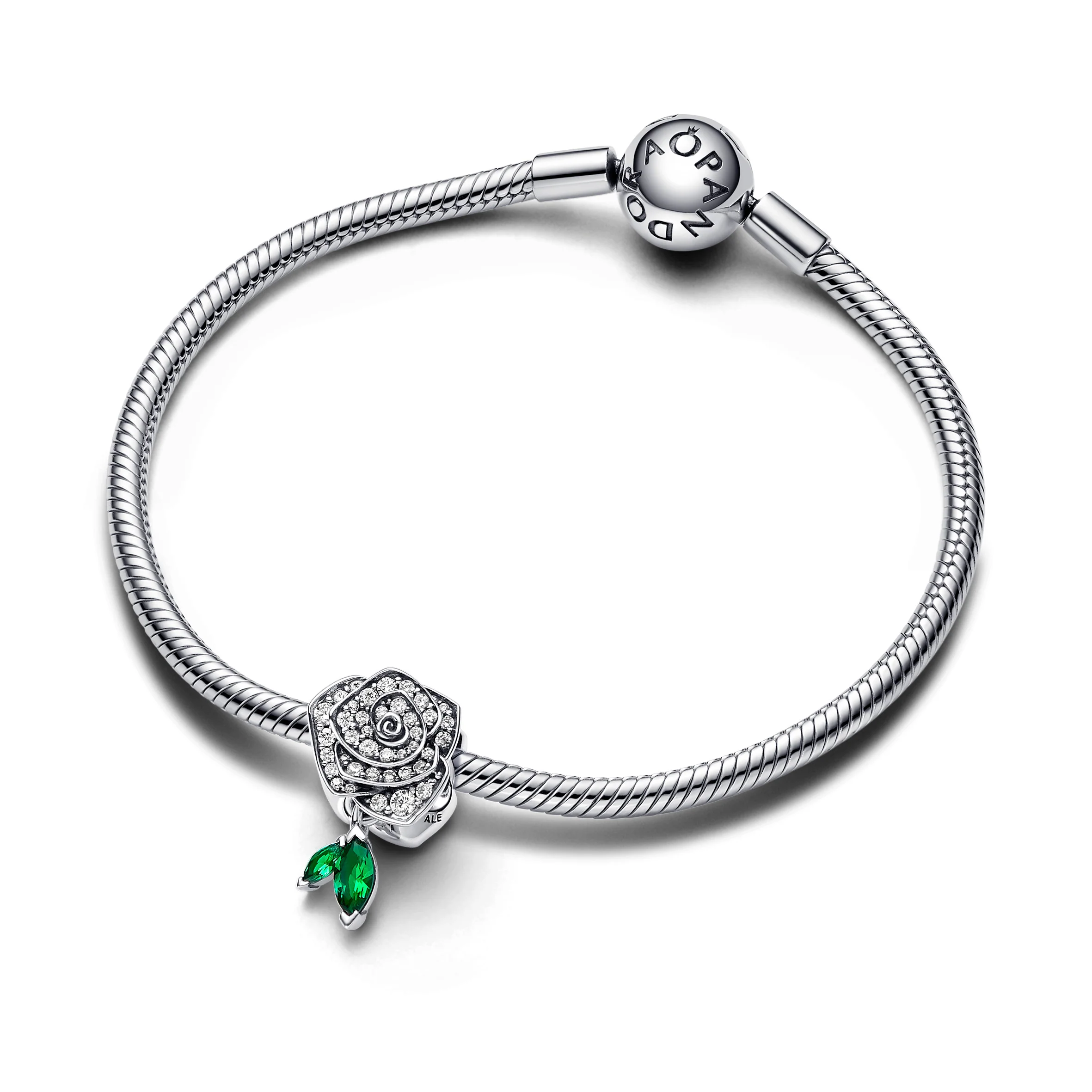 Rose Sterling Silver Charm With Clear Cubic Zirconia And Royal Green Crystal - Image 4