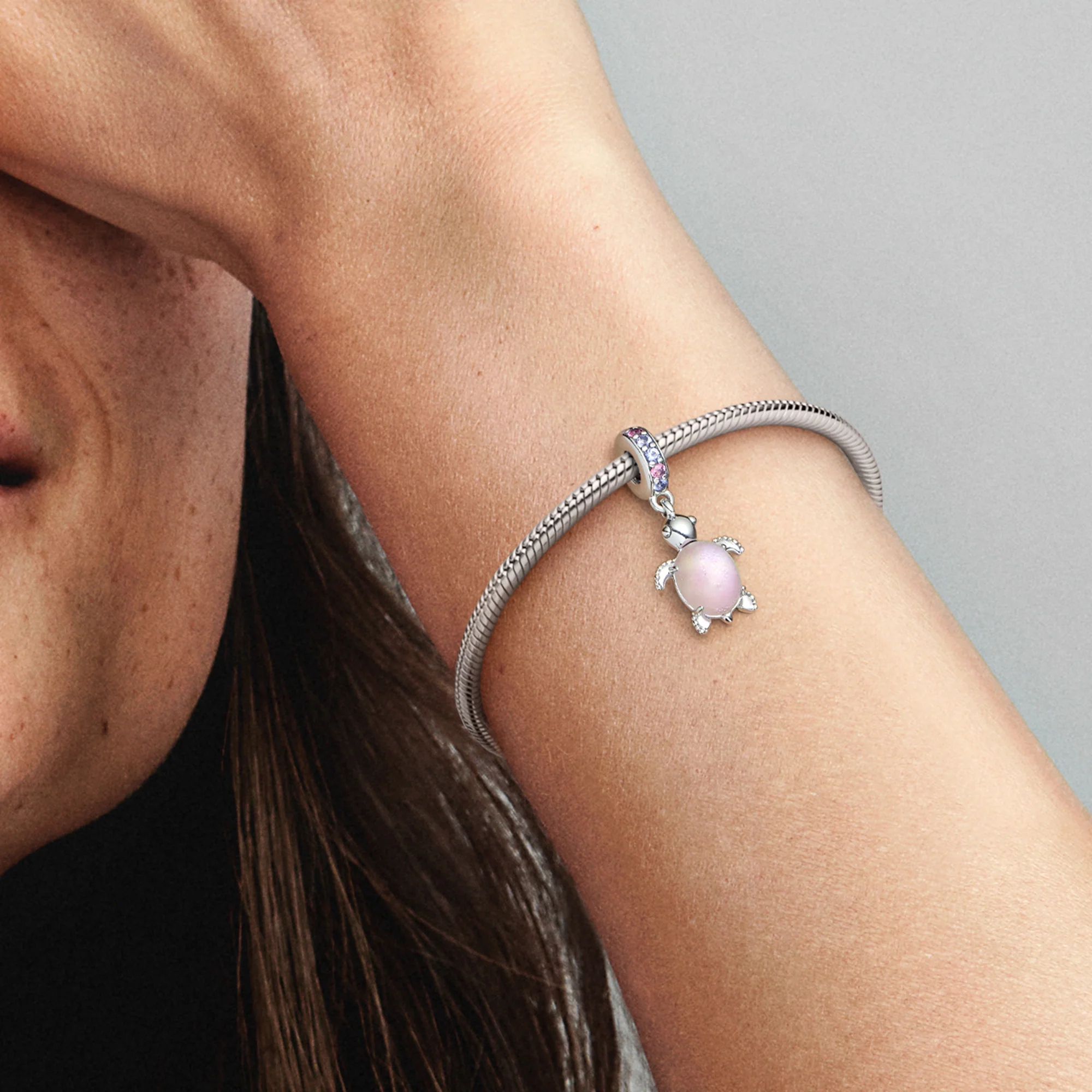 Sea Turtle Sterling Silver Dangle With Frosted Dichroic Pink Murano Glass, Regal Purple And Phlox Pink Crystal - Image 3