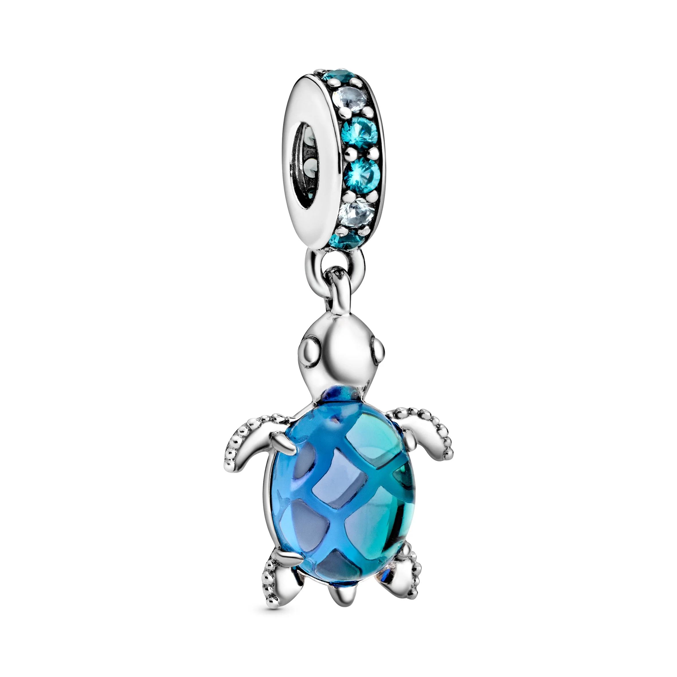 Sea Turtle Sterling Silver Dangle With Icy Green, Bleached Aqua Blue Crystal And Peacock Murano Glass
