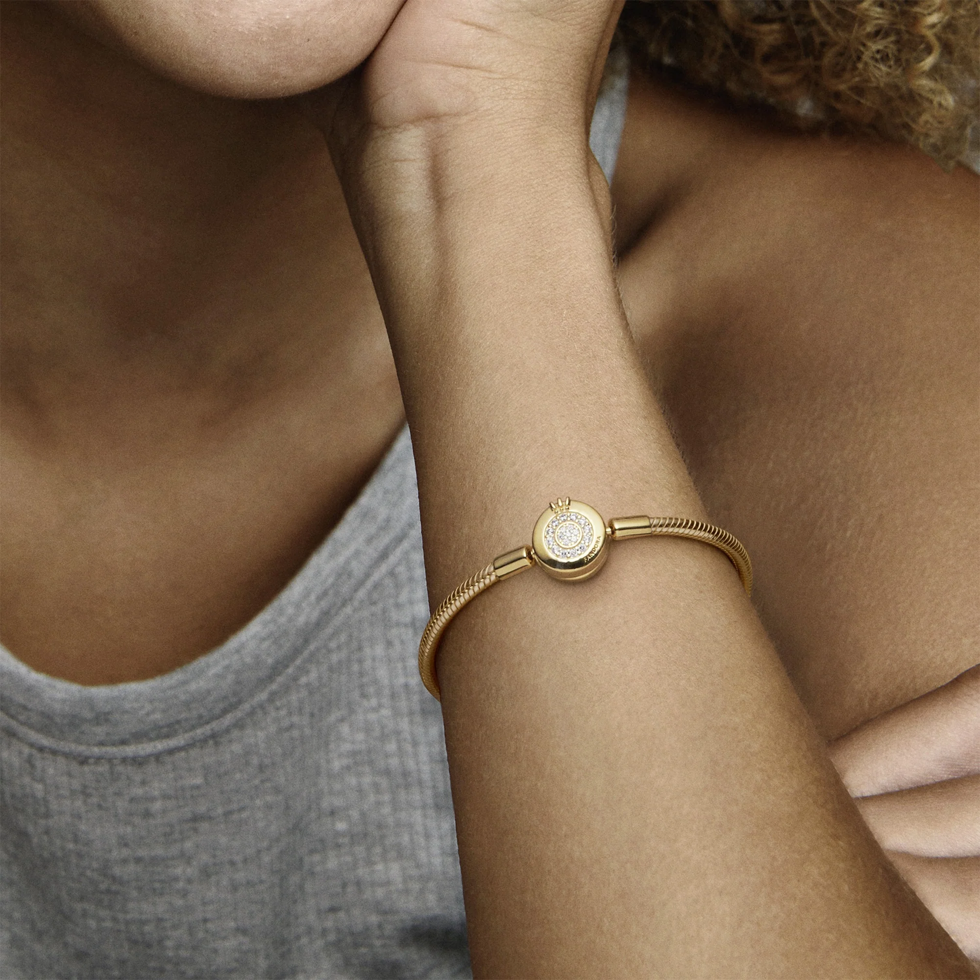 Snake Chain 14K Gold-Plated Bracelet And Crown O Clasp With Clear Cubic Zirconia - Image 2