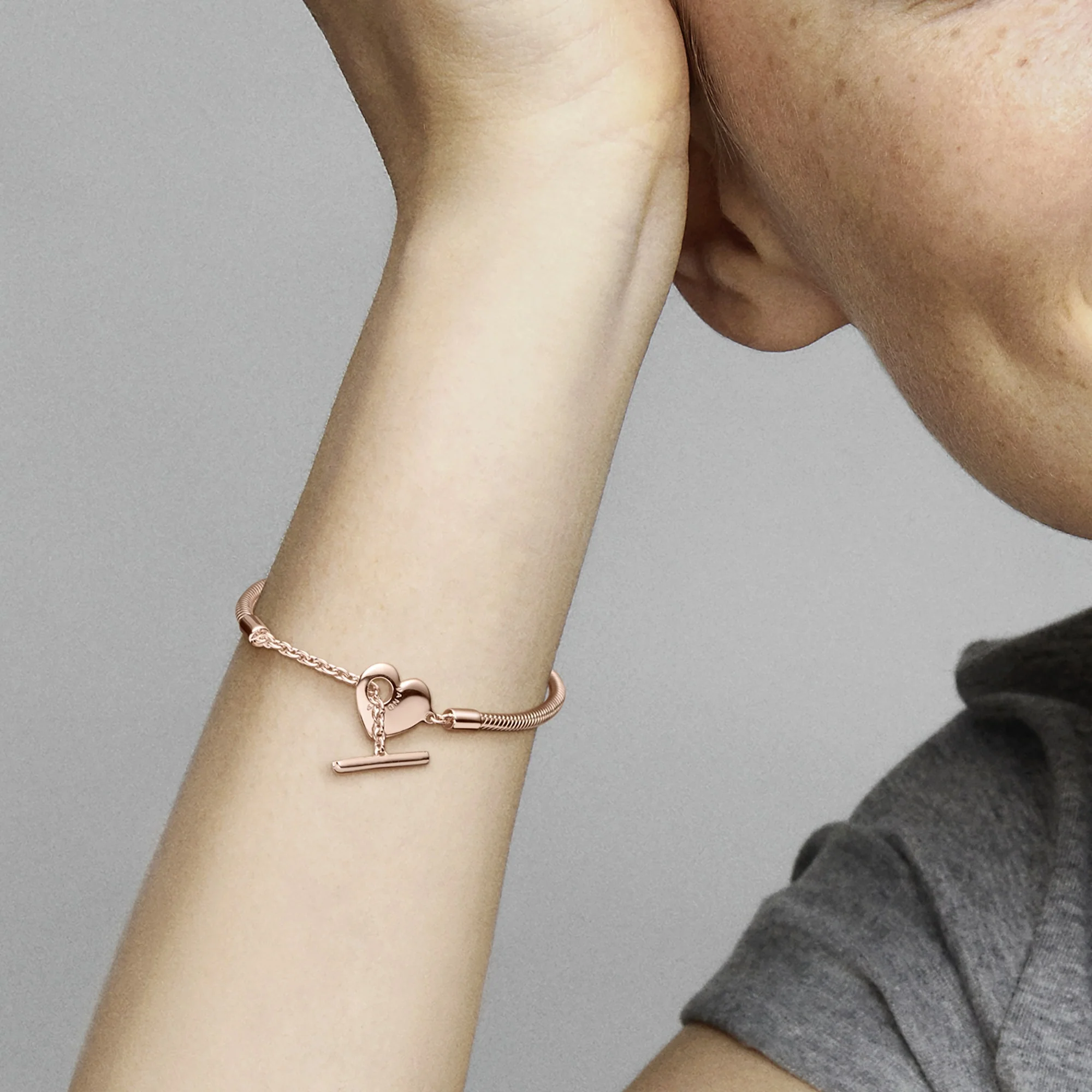 Snake Chain 14K Rose Gold-Plated T-Bar Heart Bracelet - Image 2