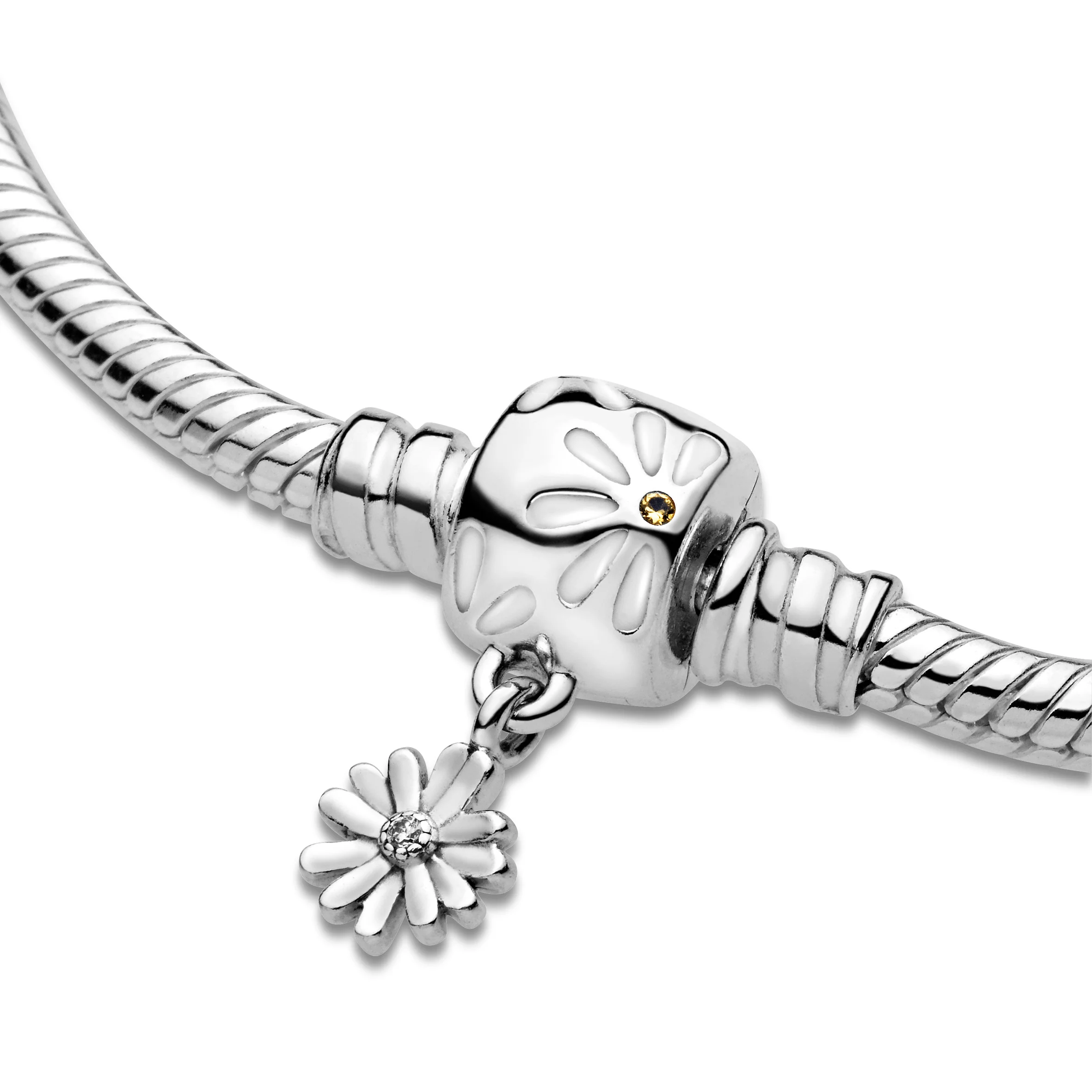 Snake Chain Sterling Silver Bracelet And Daisy Clasp With Yellow Crystal, Clear Cubic Zirconia And White Enamel - Image 6