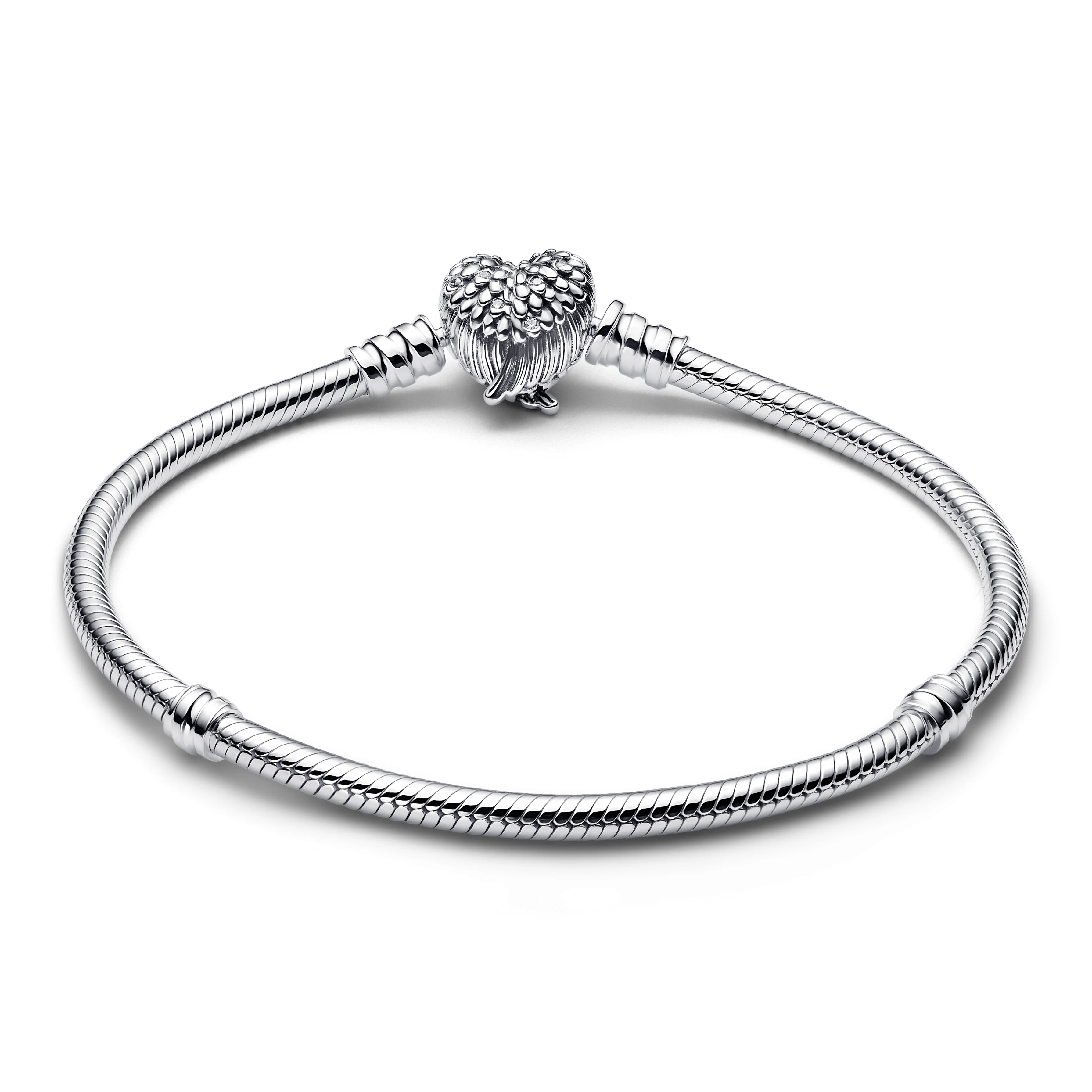 Snake Chain Sterling Silver Bracelet With Heart Wings Clasp And Clear Cubic Zirconia - Image 4